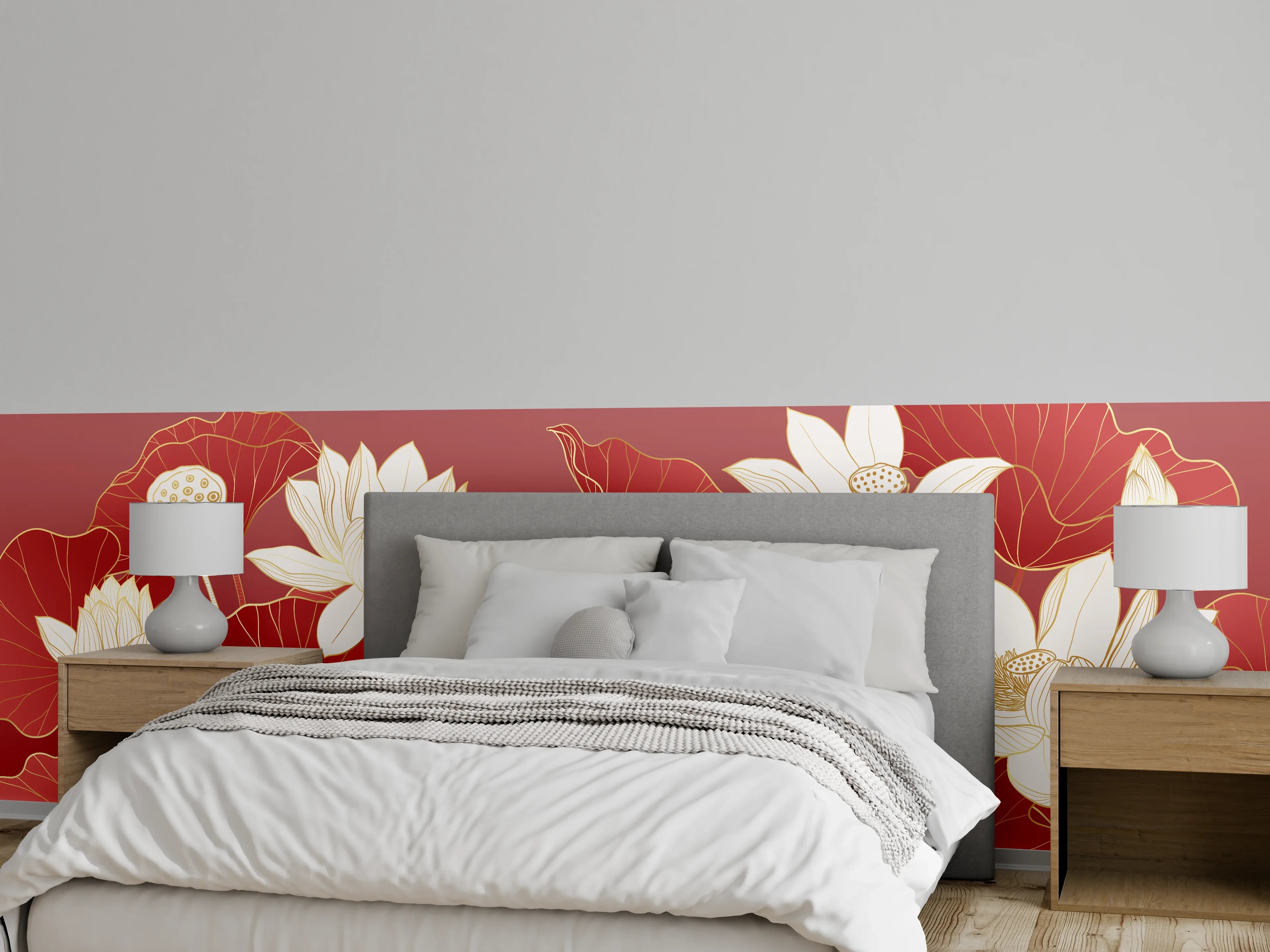 Wandverkleidung Schlafzimmer - Graue Lotuspoesie auf Karmesin