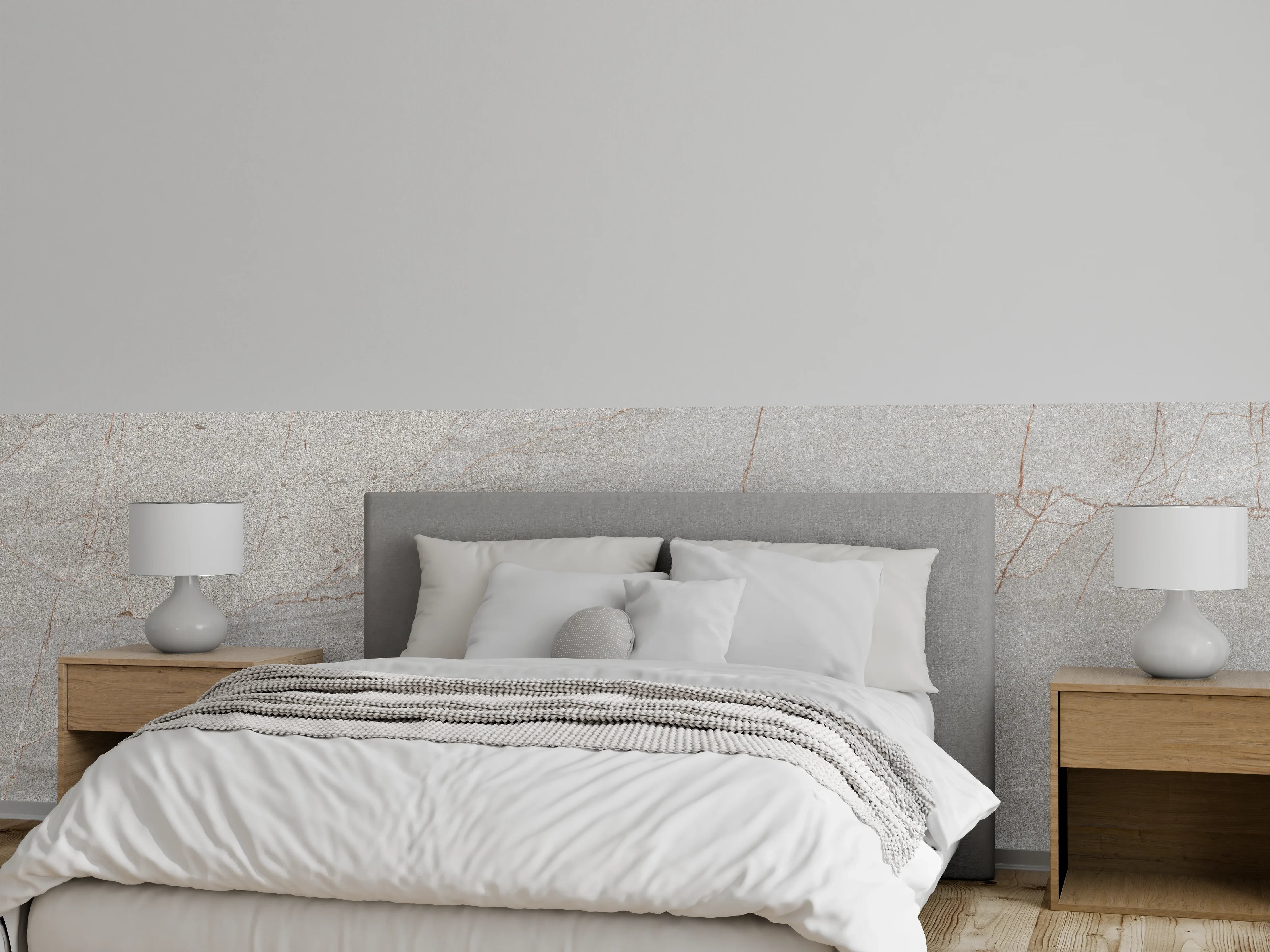 Wandverkleidung Schlafzimmer - Graue Marmorakzente auf Weiß