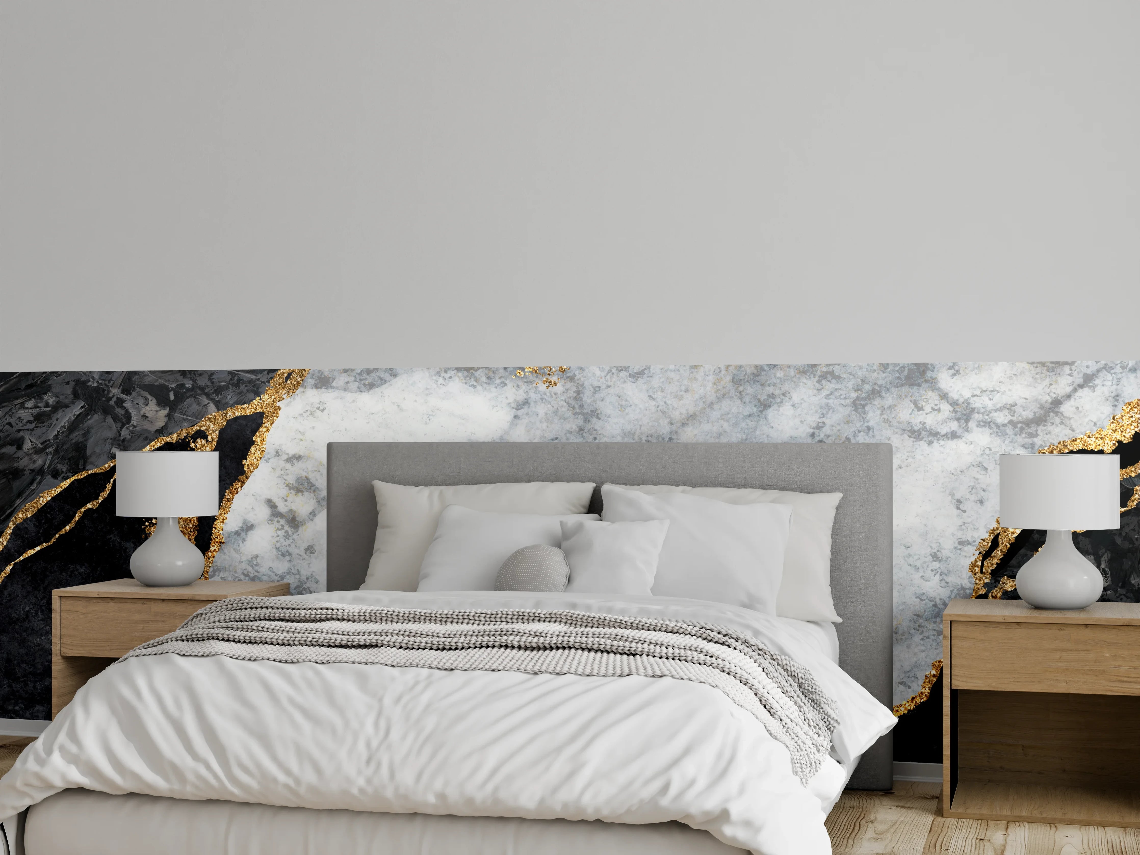 Wandverkleidung Schlafzimmer - Graue Marmormuster mit Goldakzenten