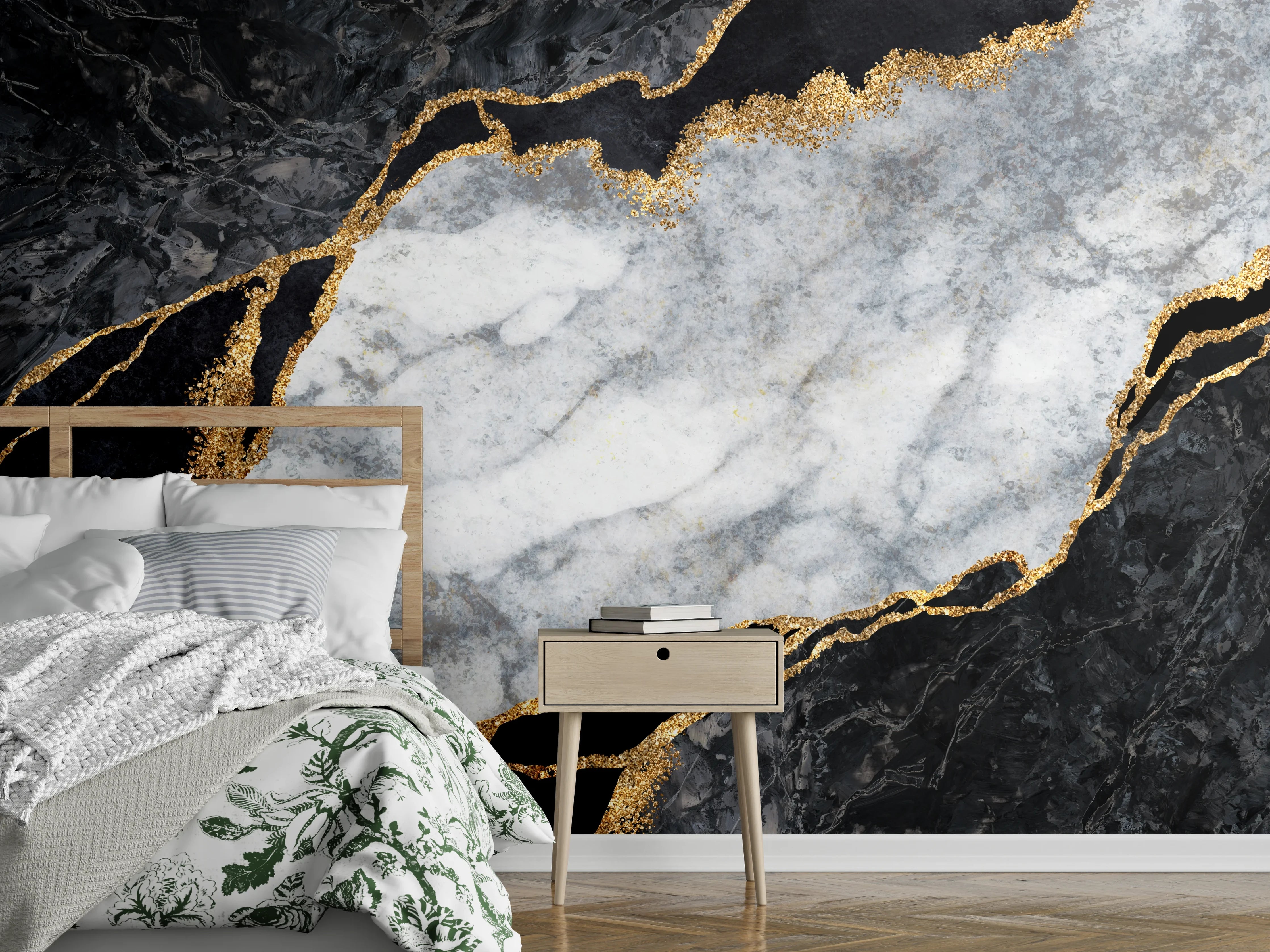Wandverkleidung Schlafzimmer - Graue Marmormuster mit Goldakzenten