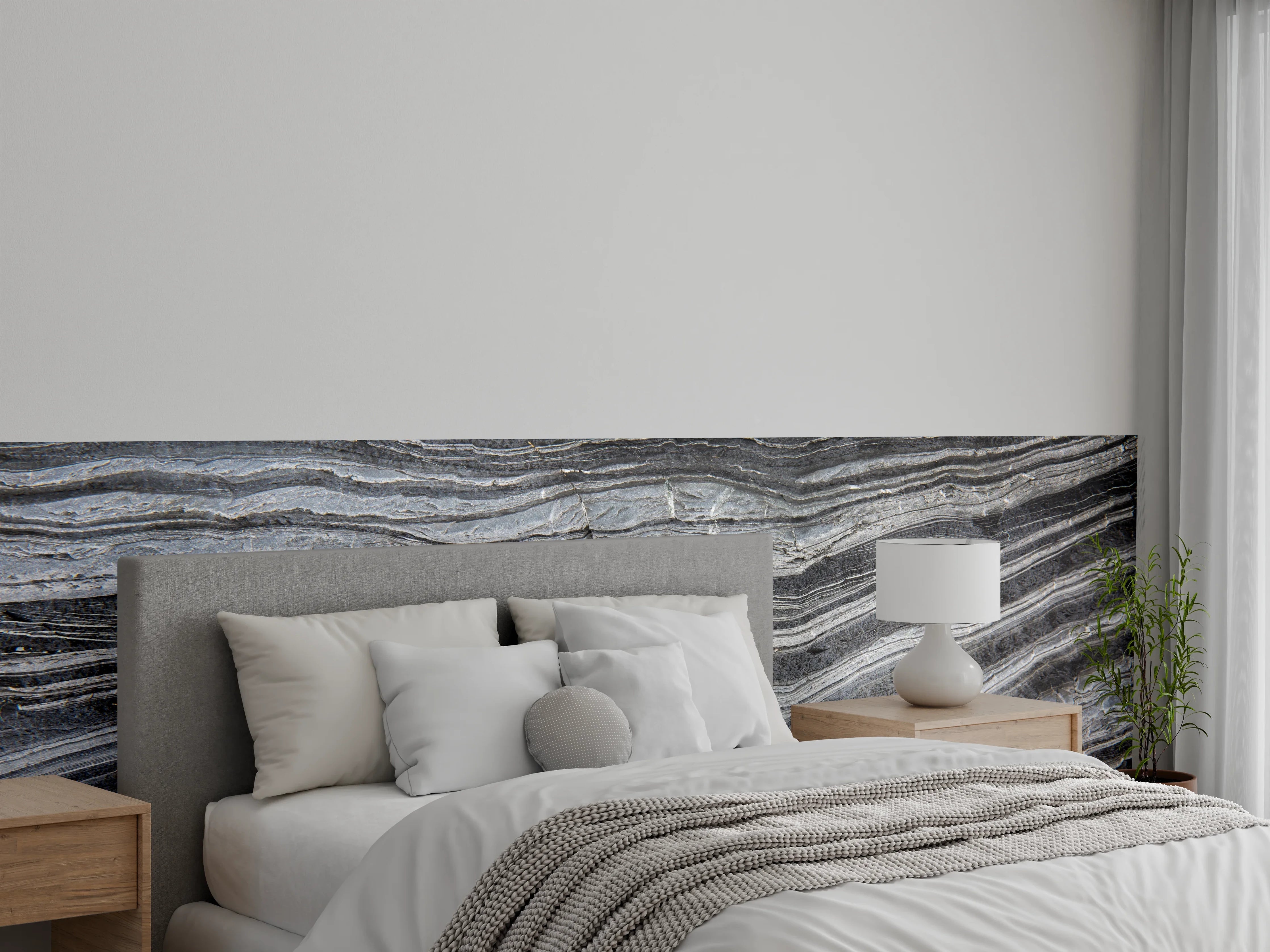 Wandverkleidung Schlafzimmer - Graue Marmorstruktur mit feinen Linien