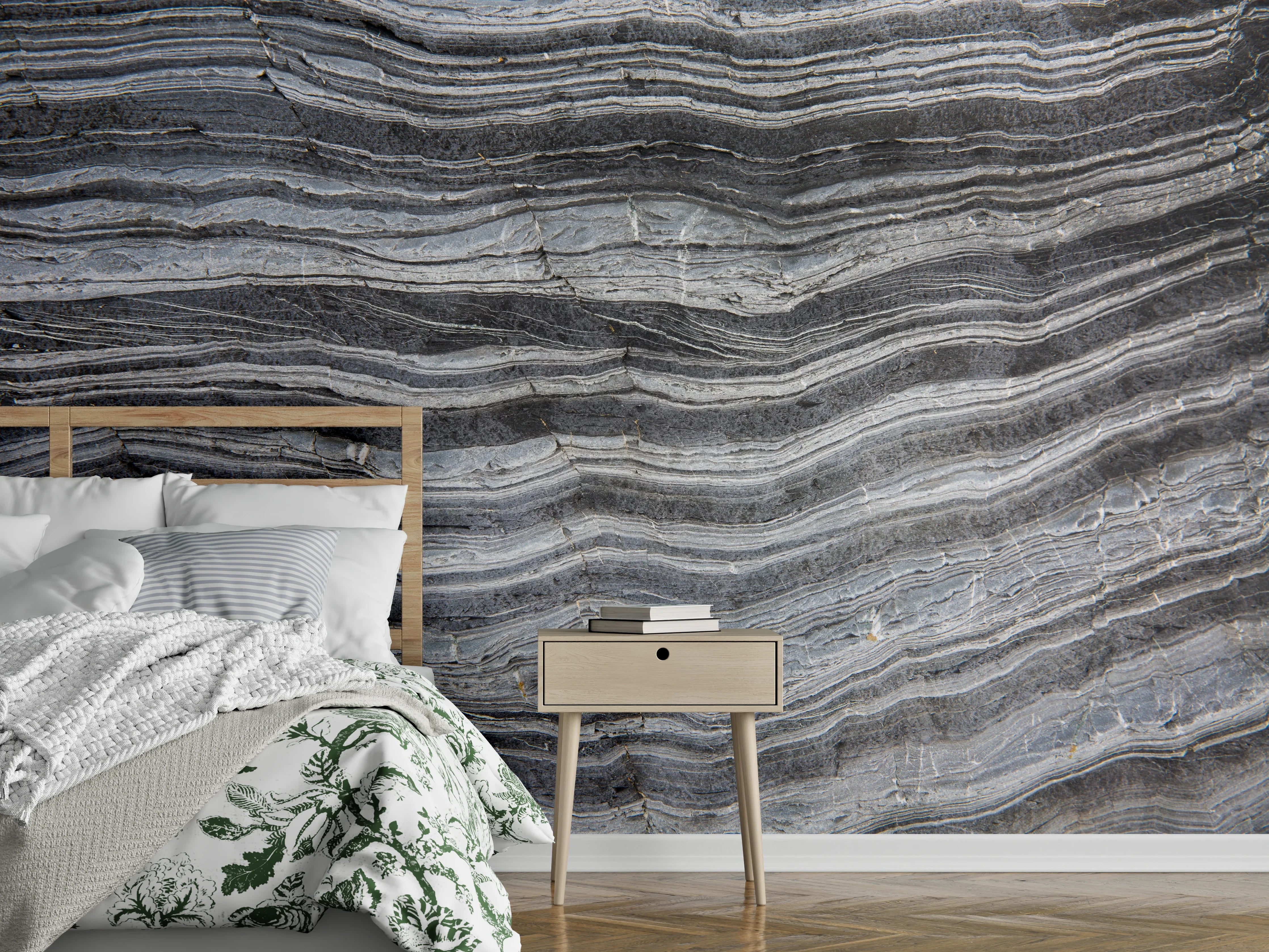 Wandverkleidung Schlafzimmer - Graue Marmorstruktur mit feinen Linien