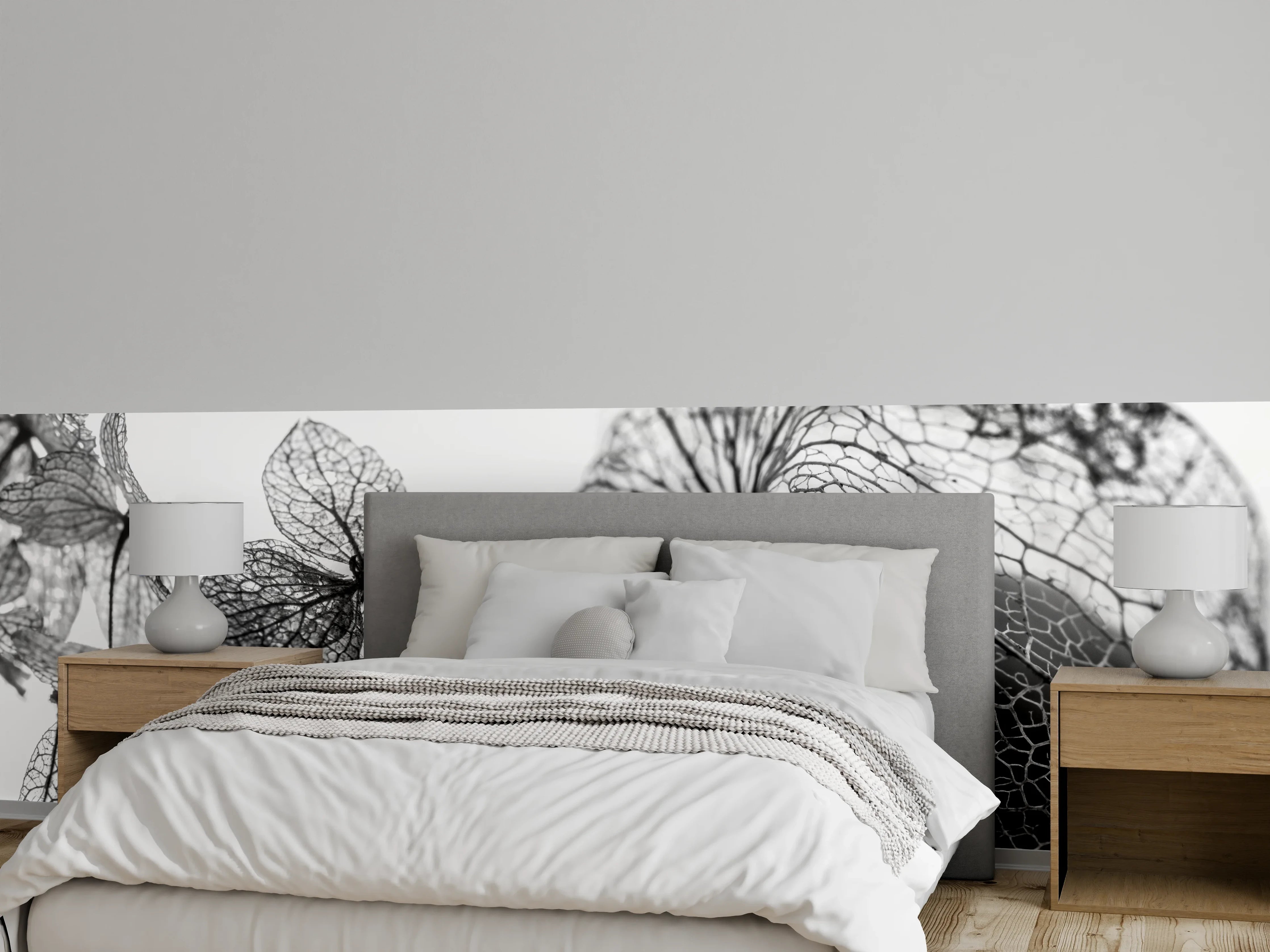 Wandverkleidung Schlafzimmer - Graue Nuancen feiner Blütenkunst