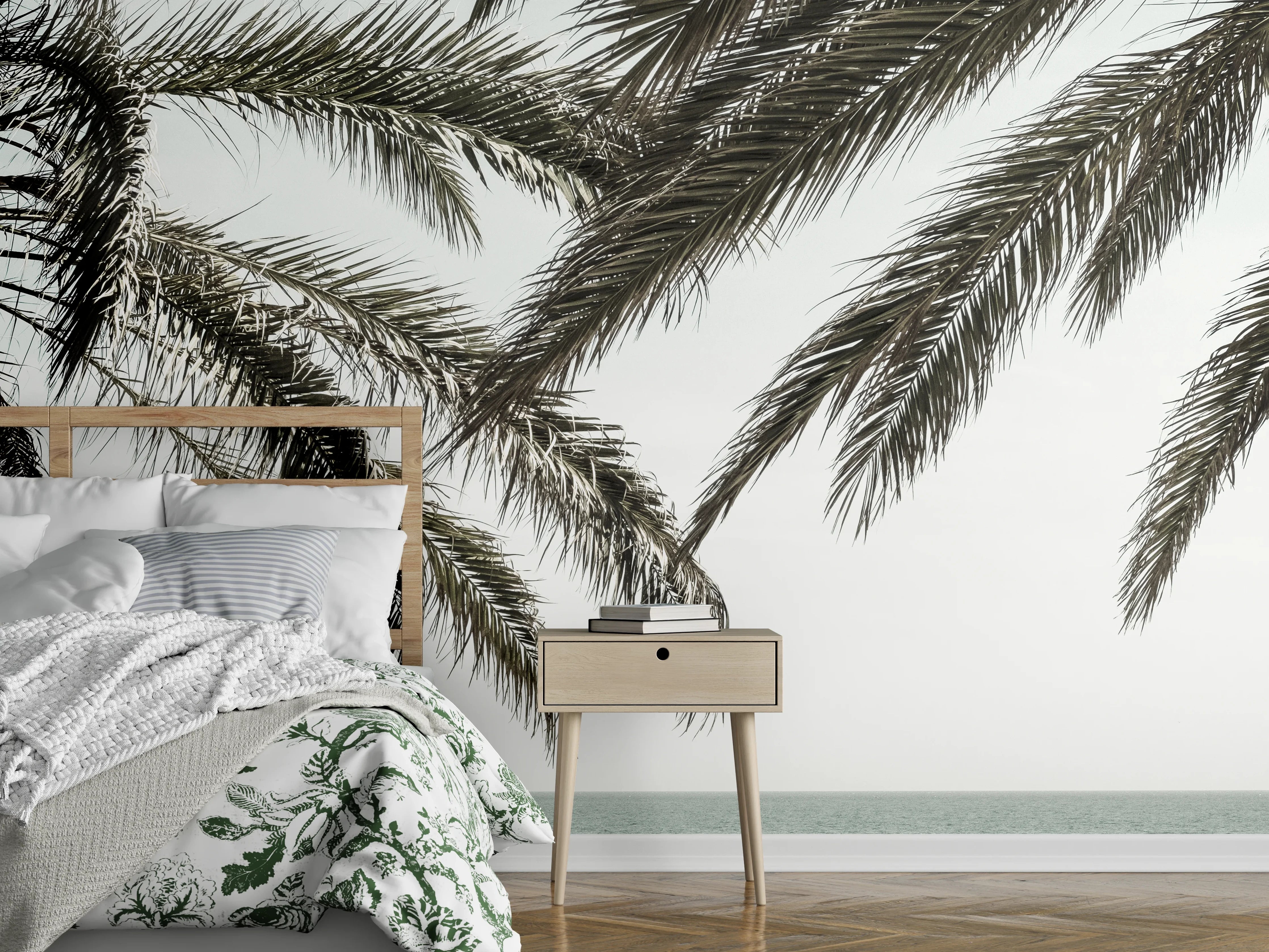 Wandverkleidung Schlafzimmer - Graue Palmen am weißen Strand