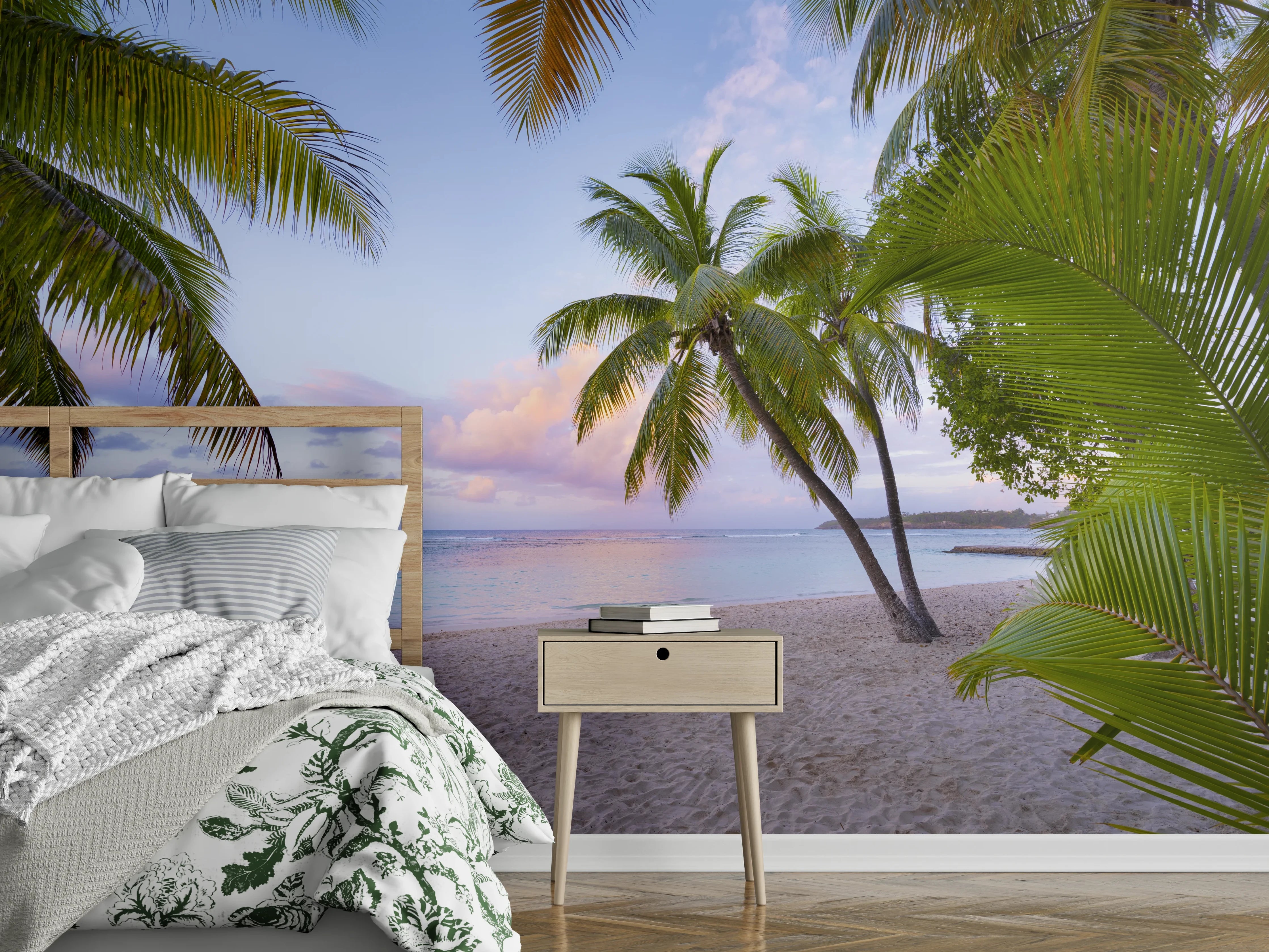 Wandverkleidung Schlafzimmer - Graue Palmen an weißer Küste