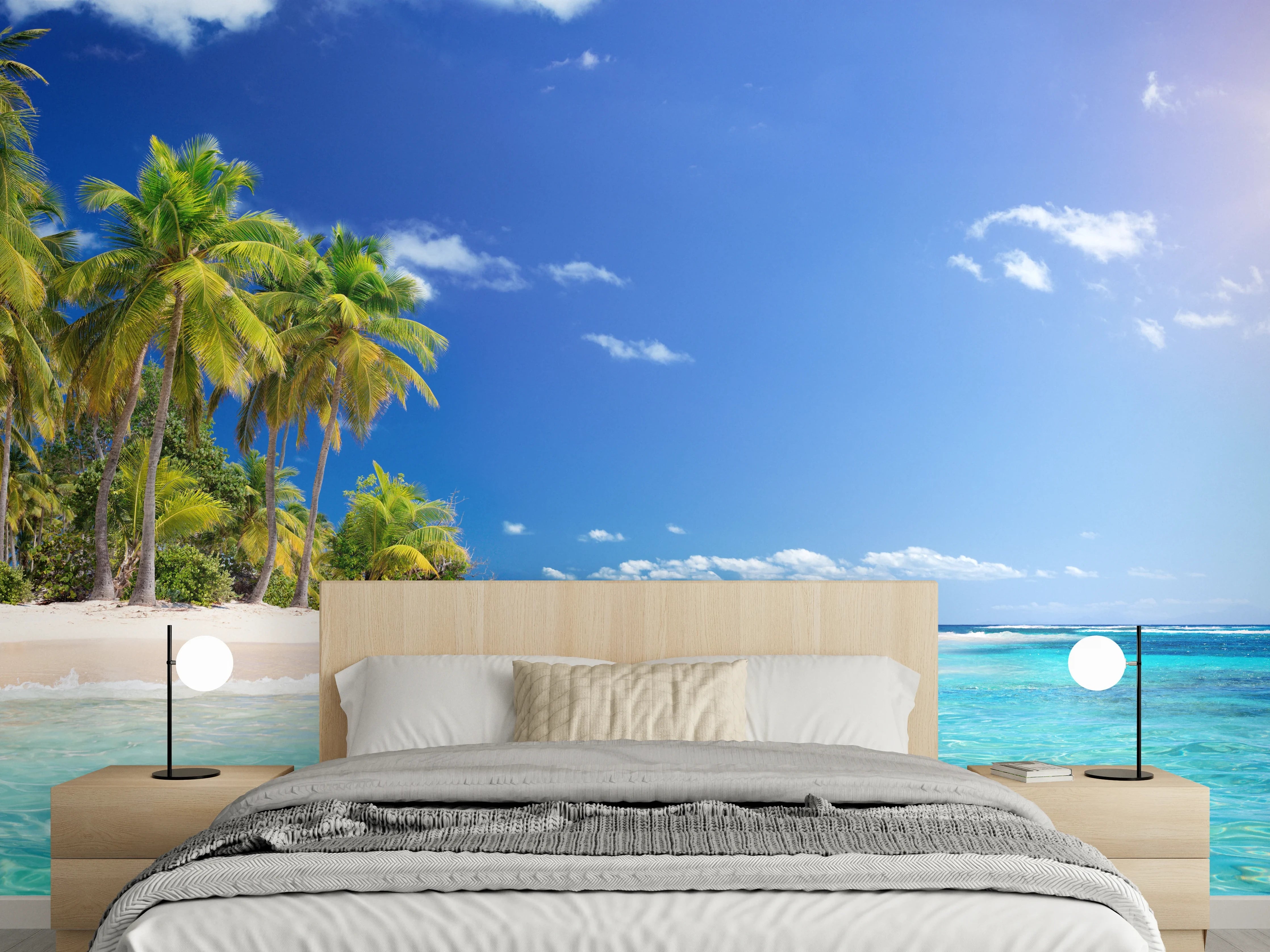Wandverkleidung Schlafzimmer - Graue Palmenstille am weißen Ufer