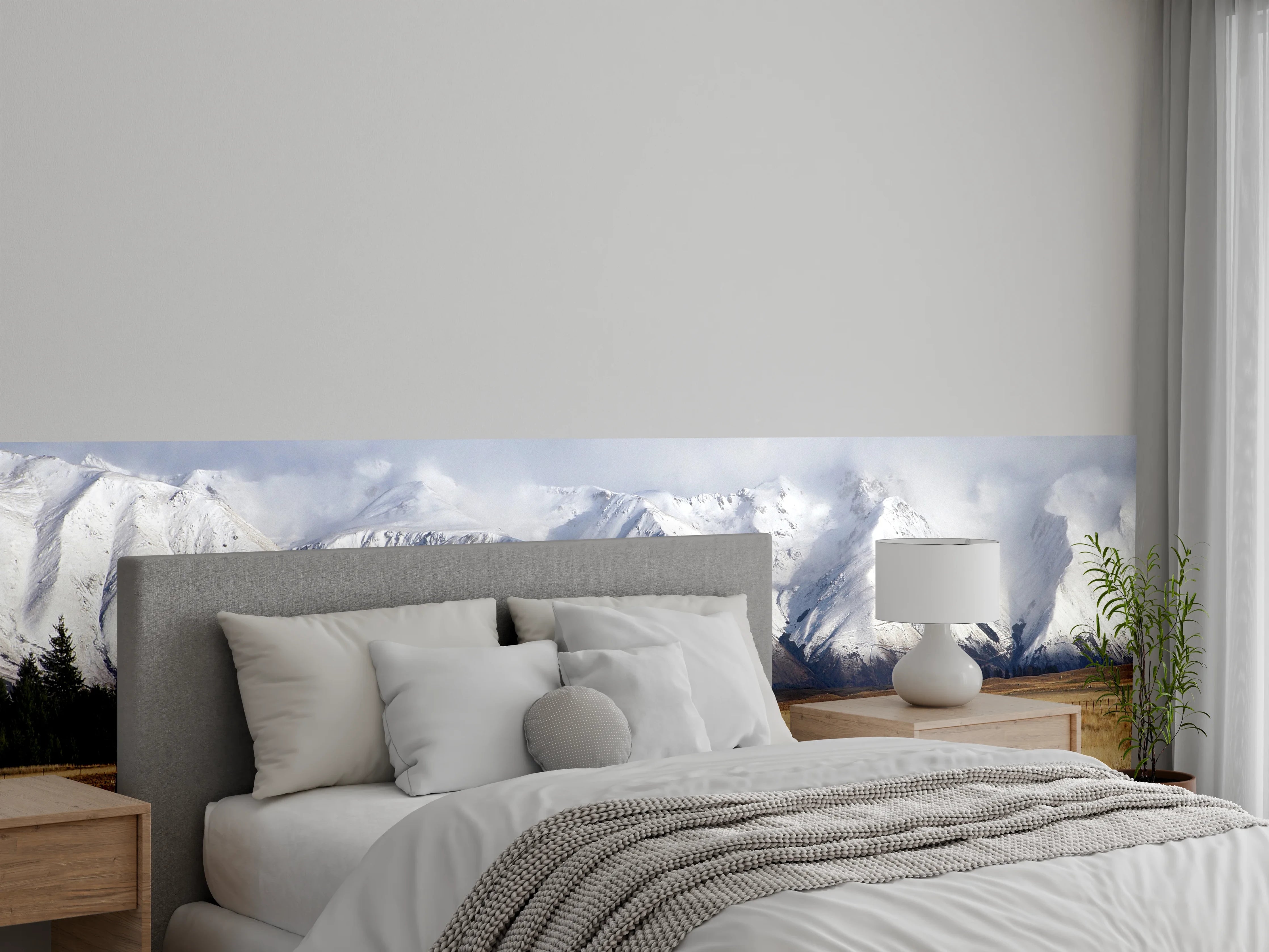 Wandverkleidung Schlafzimmer - Graue Pfade vor weißen Gipfeln