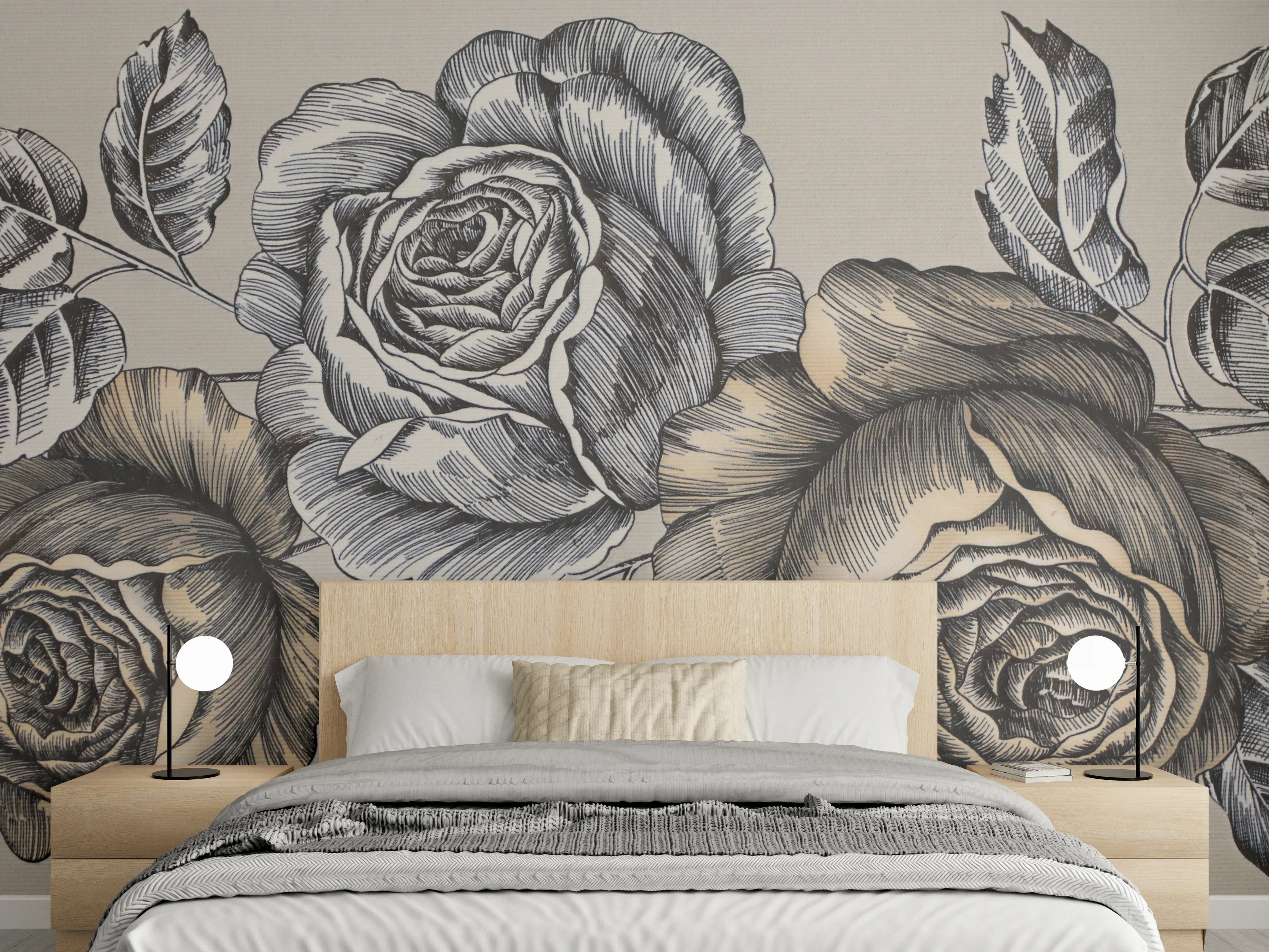 Wandverkleidung Schlafzimmer - Graue Rosenkunst auf beigem Grund