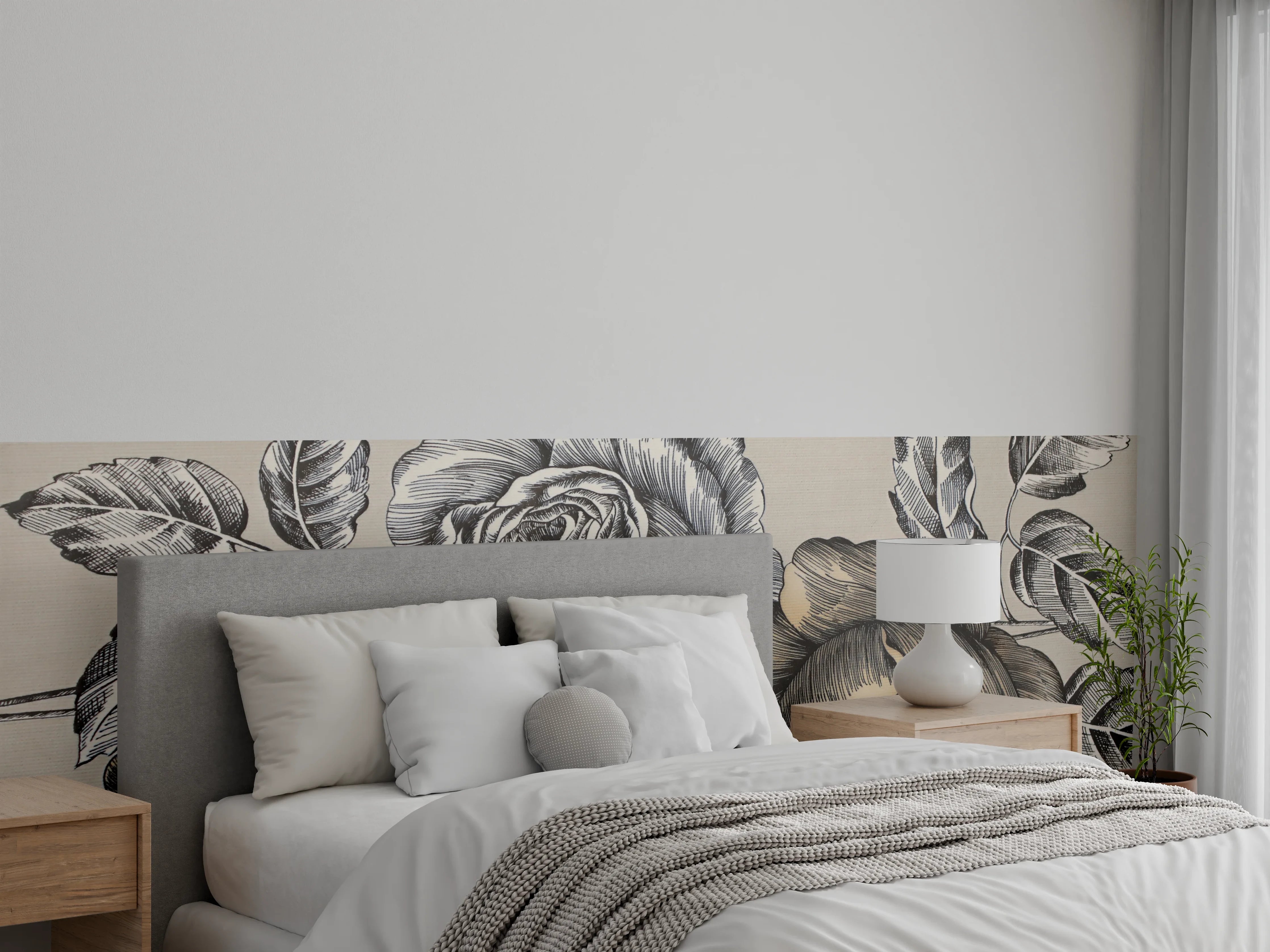 Wandverkleidung Schlafzimmer - Graue Rosenkunst auf beigem Grund