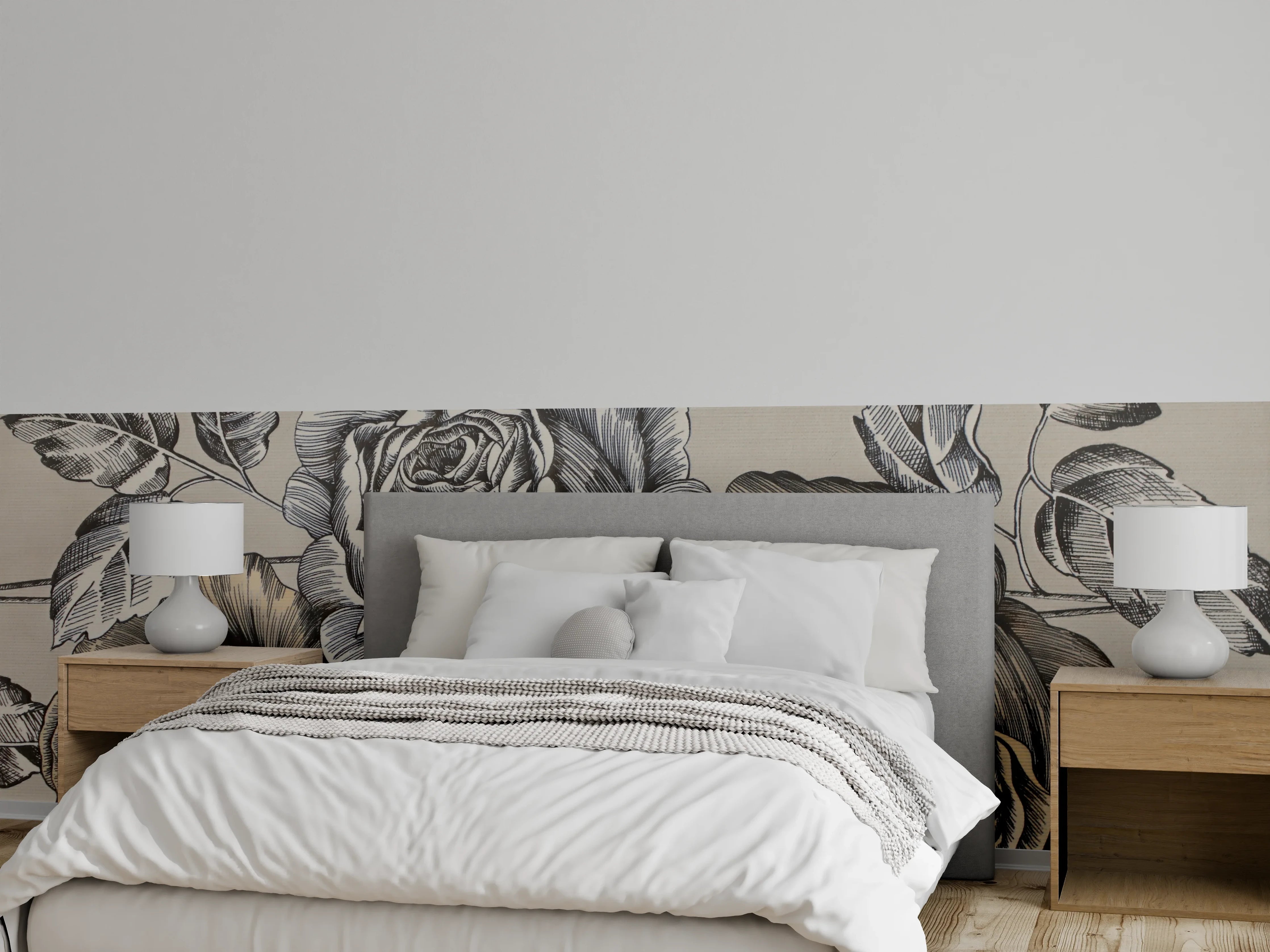 Wandverkleidung Schlafzimmer - Graue Rosenkunst auf beigem Grund