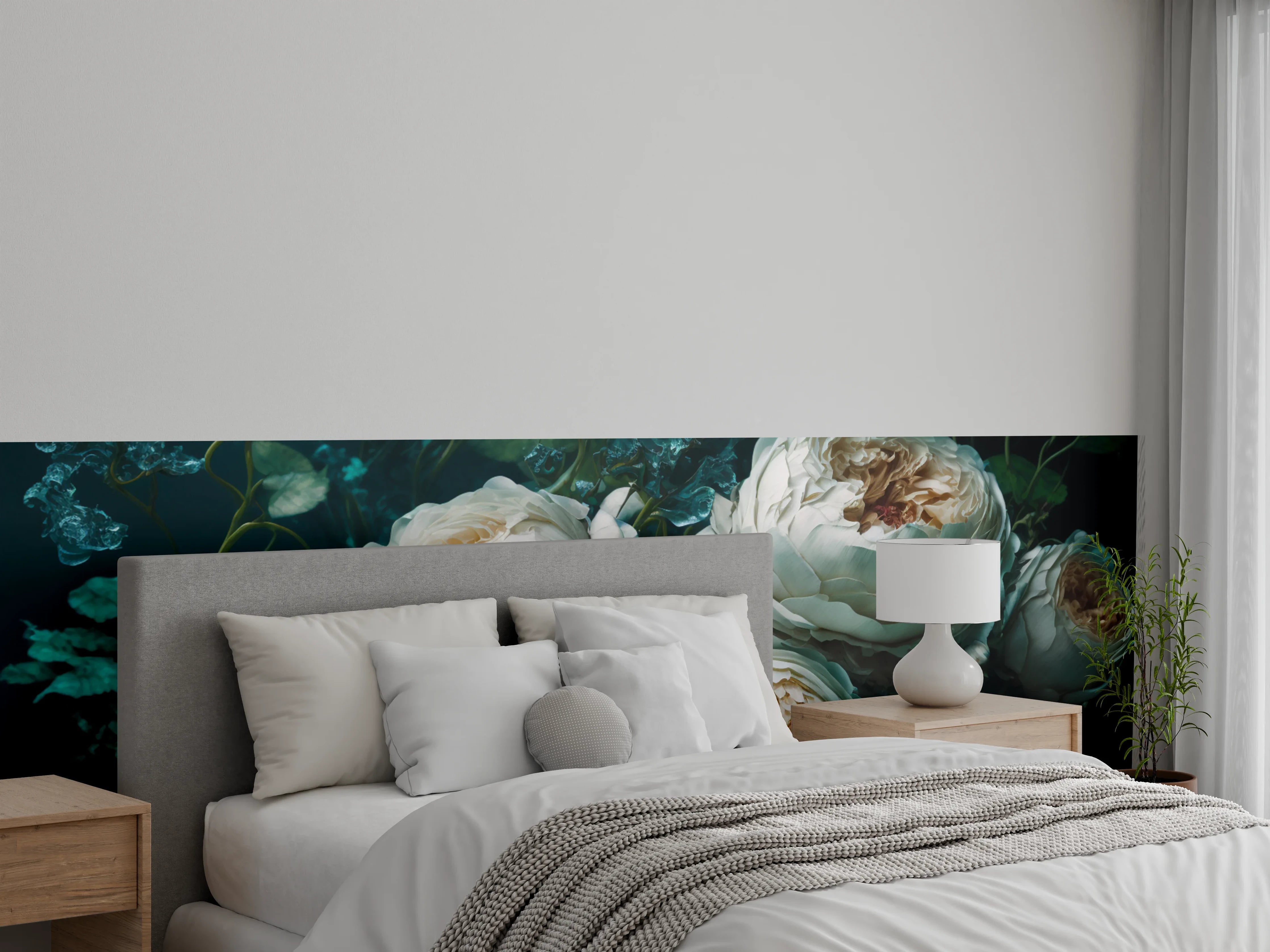 Wandverkleidung Schlafzimmer - Graue Schatten weißer Pfingstrosen