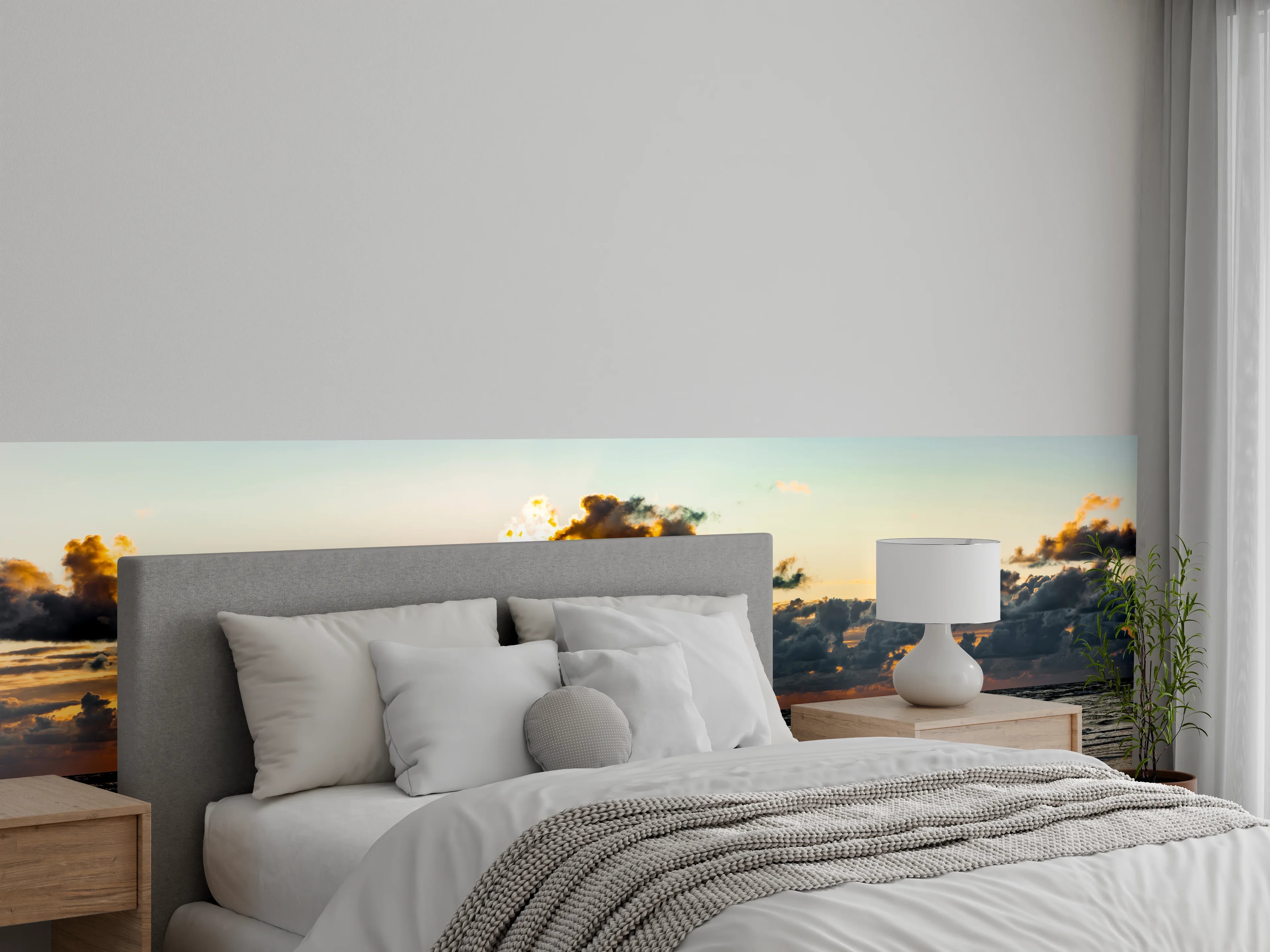 Wandverkleidung Schlafzimmer - Graue Silhouetten am Küstenabend