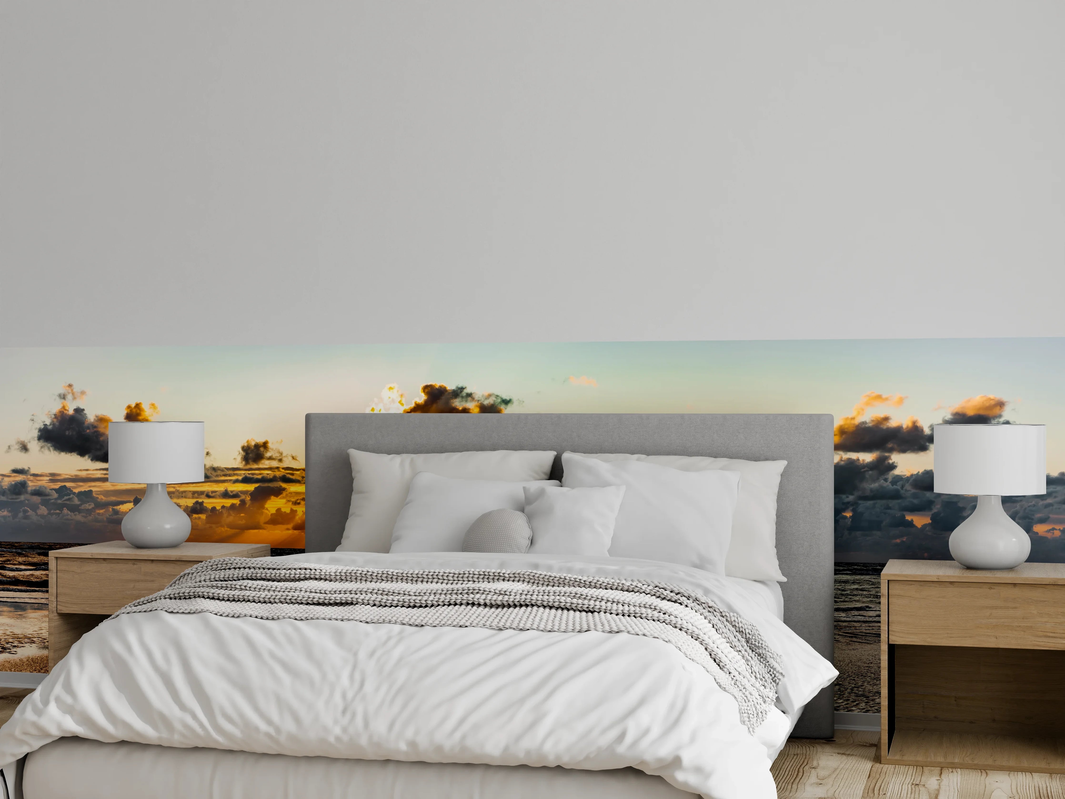 Wandverkleidung Schlafzimmer - Graue Silhouetten am Küstenabend