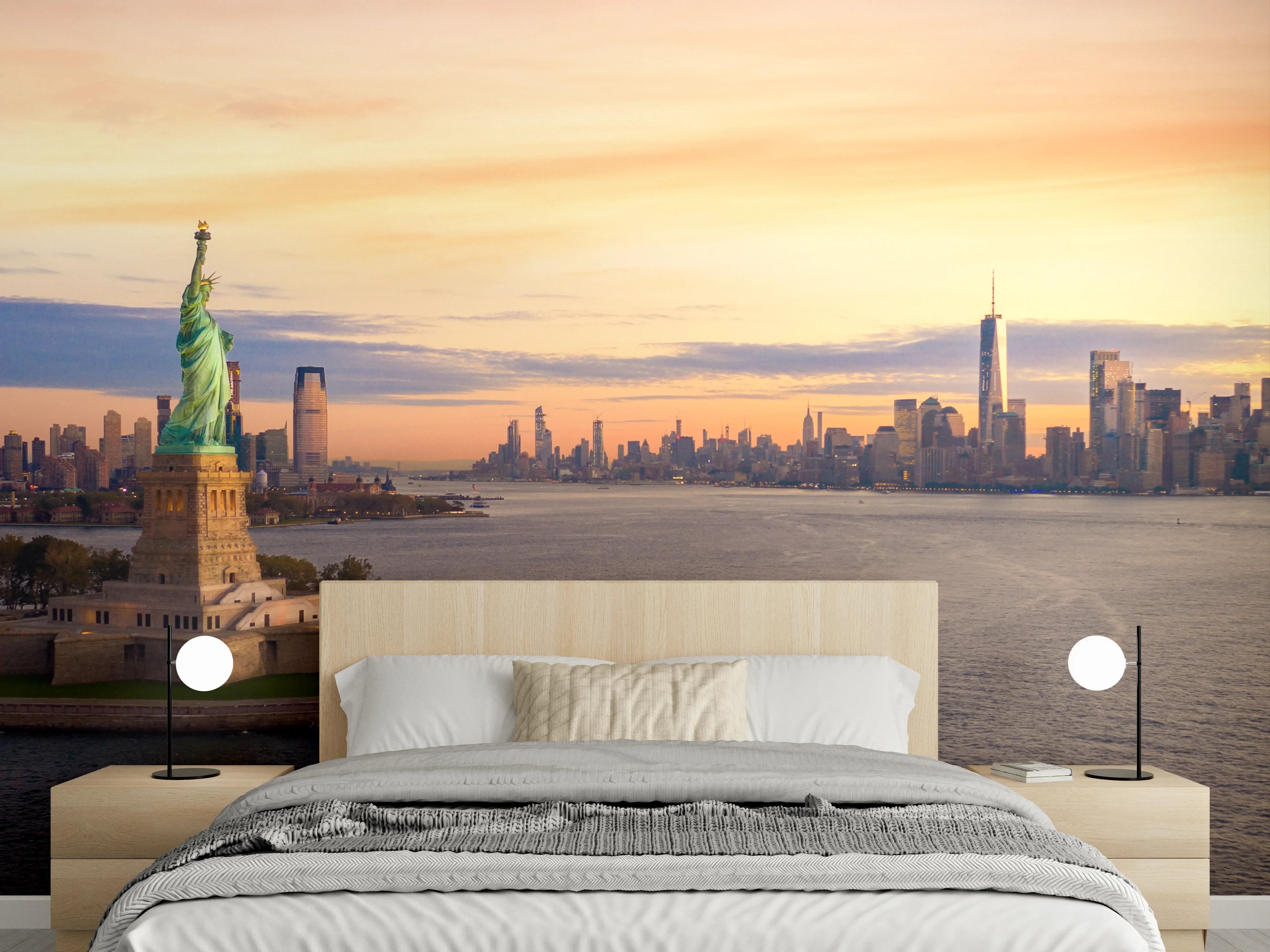 Wandverkleidung Schlafzimmer - Graue Skyline-Träume mit Lady Liberty
