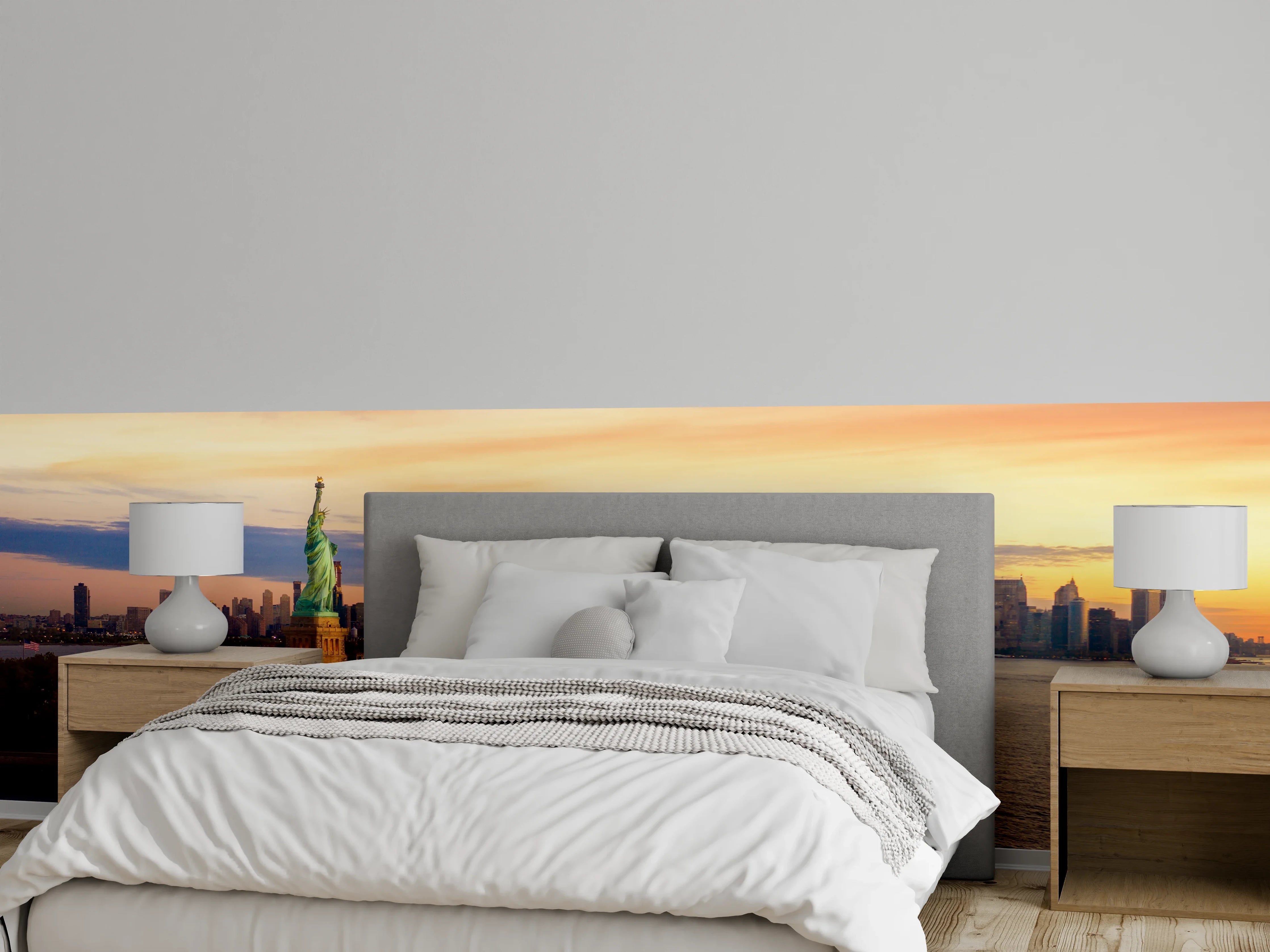 Wandverkleidung Schlafzimmer - Graue Skyline-Träume mit Lady Liberty
