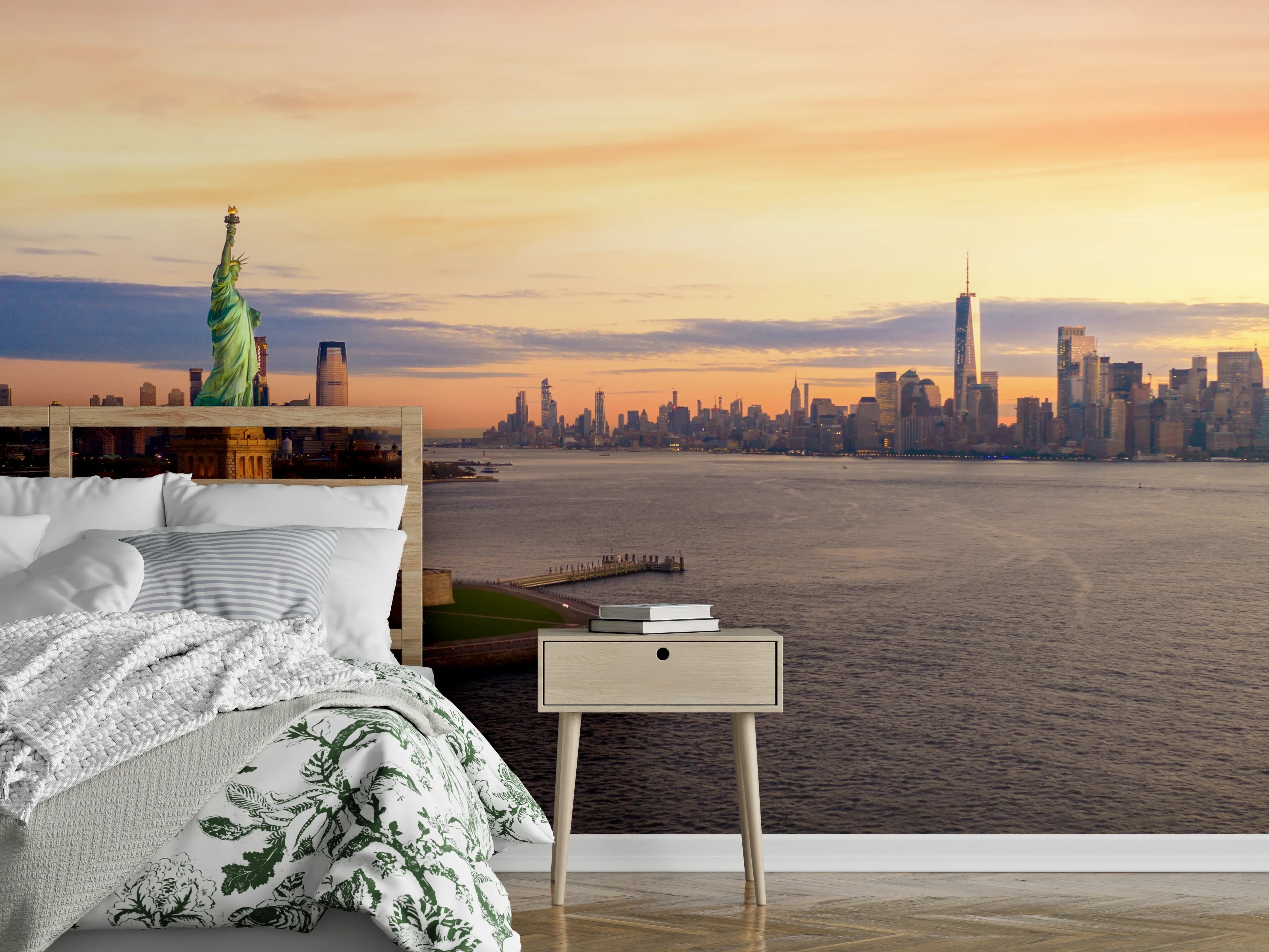 Wandverkleidung Schlafzimmer - Graue Skyline-Träume mit Lady Liberty