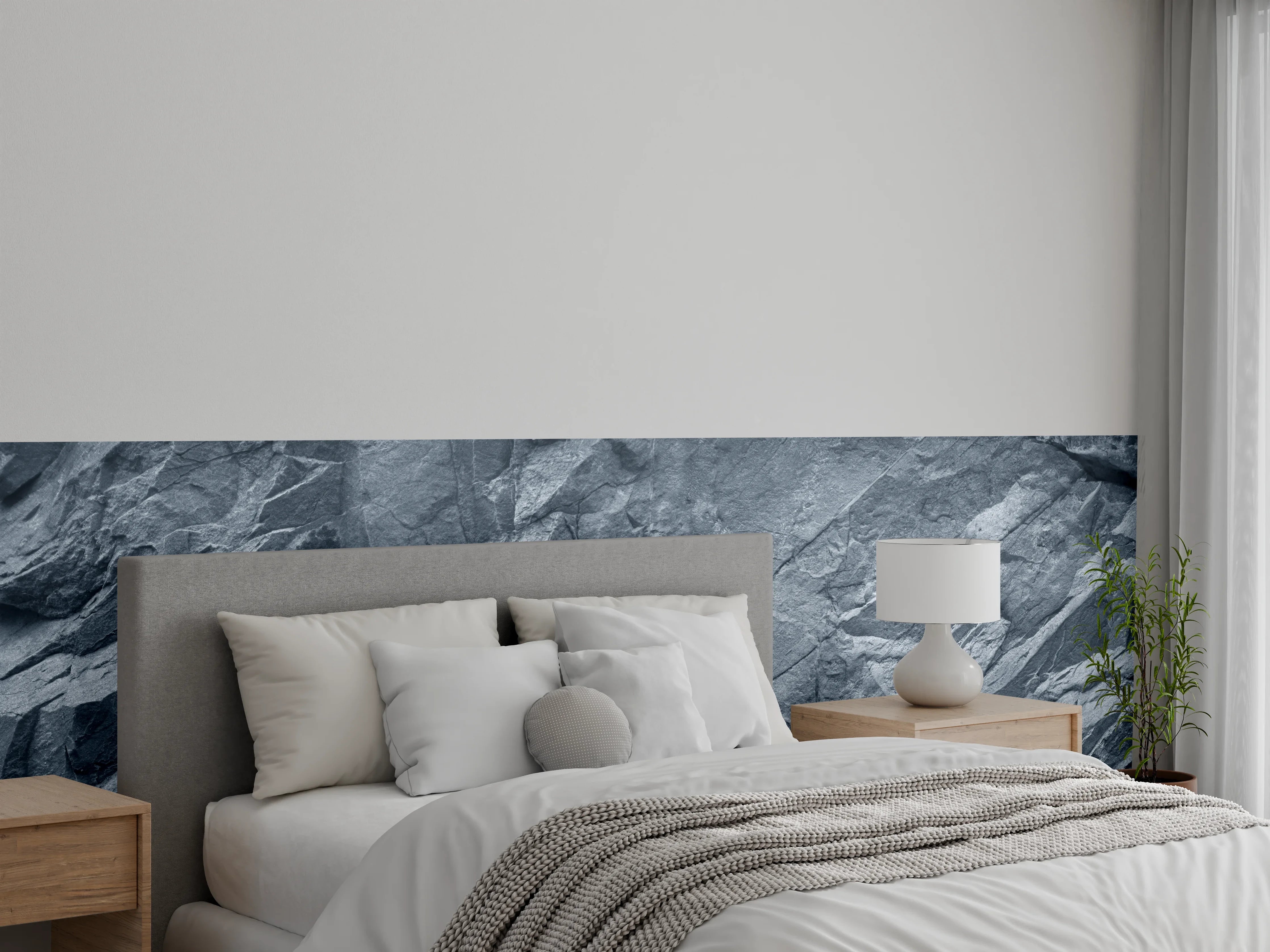 Wandverkleidung Schlafzimmer - Graue Steinstruktur mit Schatteneffekten