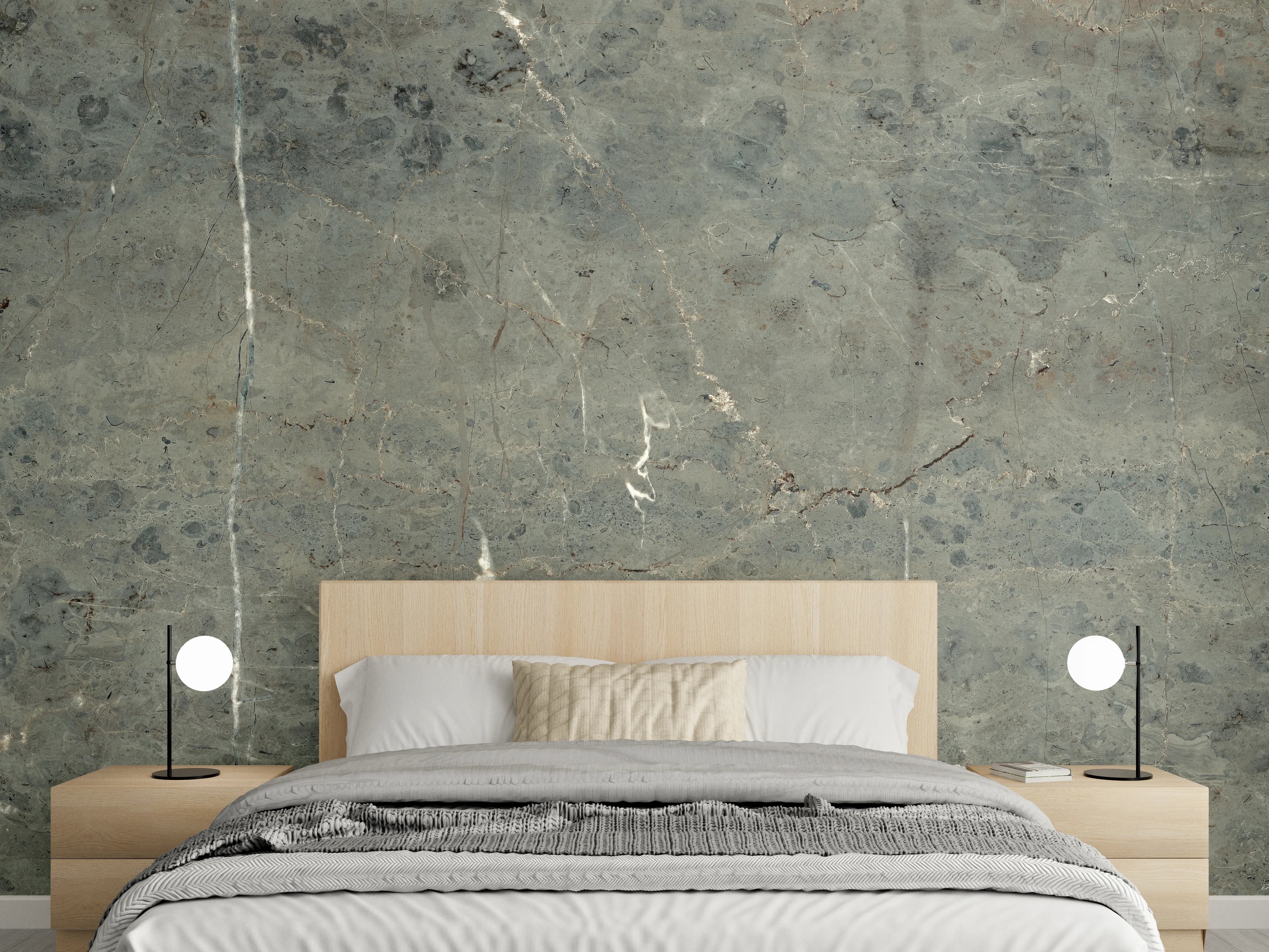 Wandverkleidung Schlafzimmer - Graue Steinstruktur mit feinen Rissen