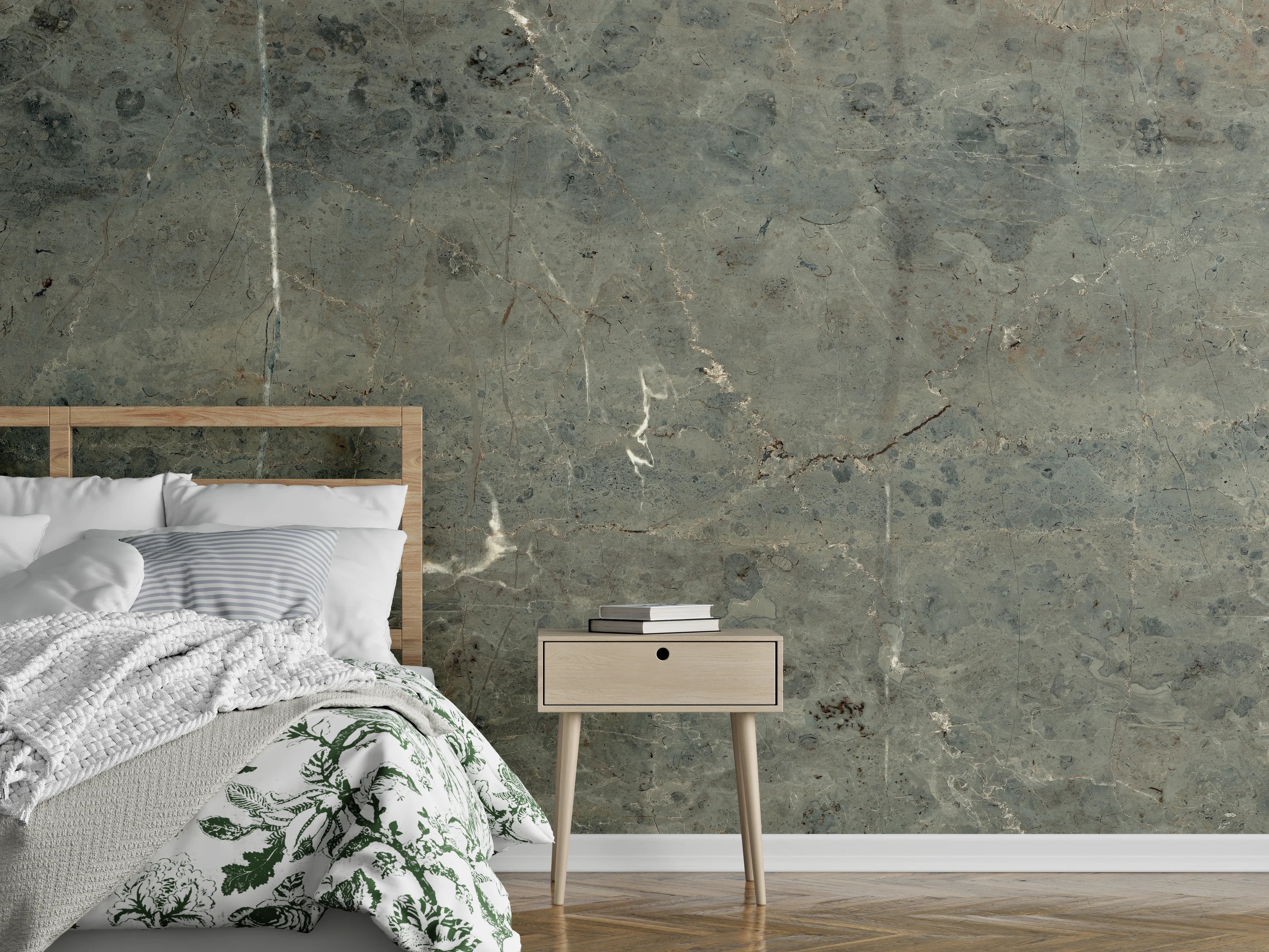 Wandverkleidung Schlafzimmer - Graue Steinstruktur mit feinen Rissen