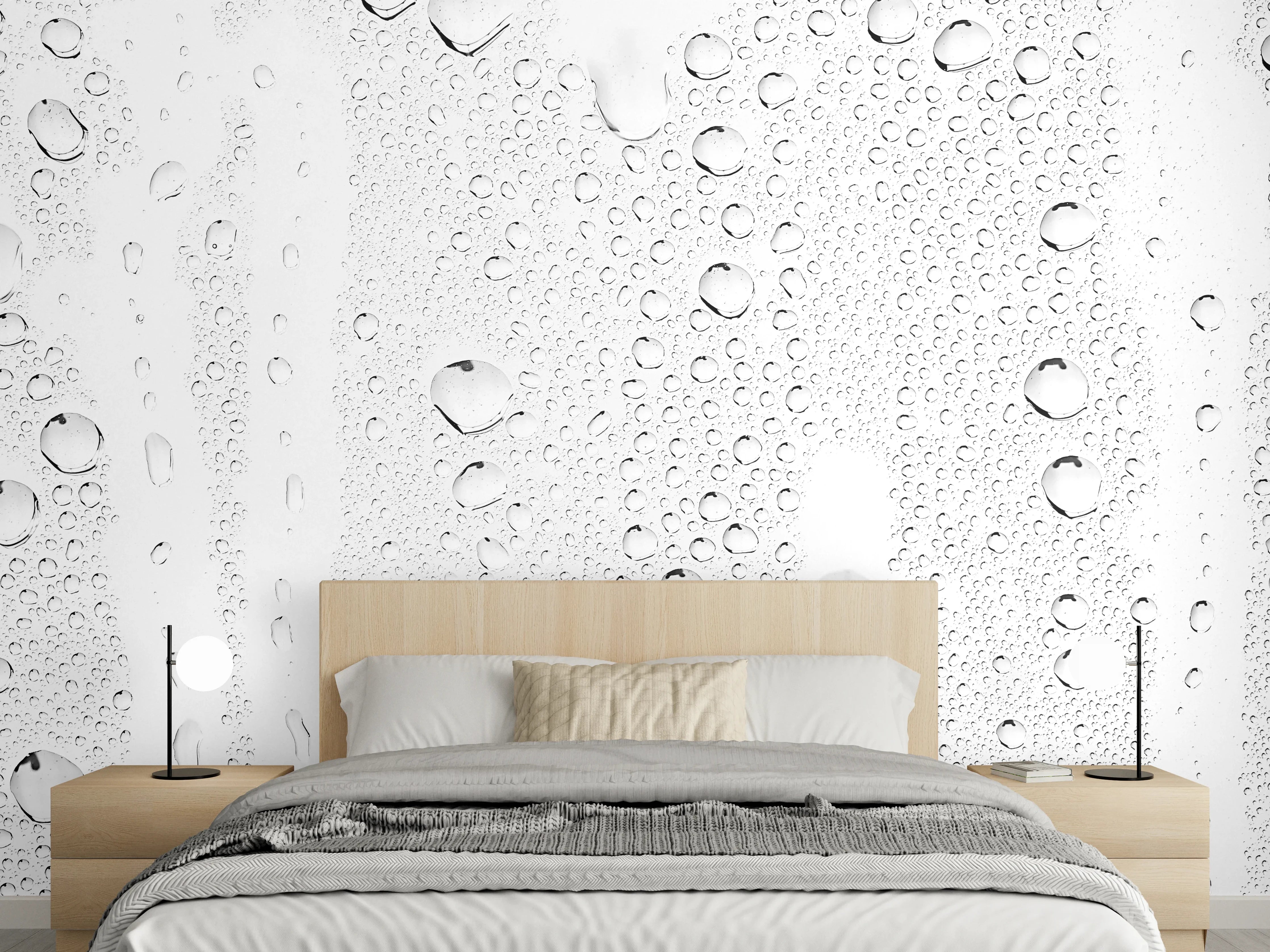Wandverkleidung Schlafzimmer - Graue Wasserperlen auf Glas