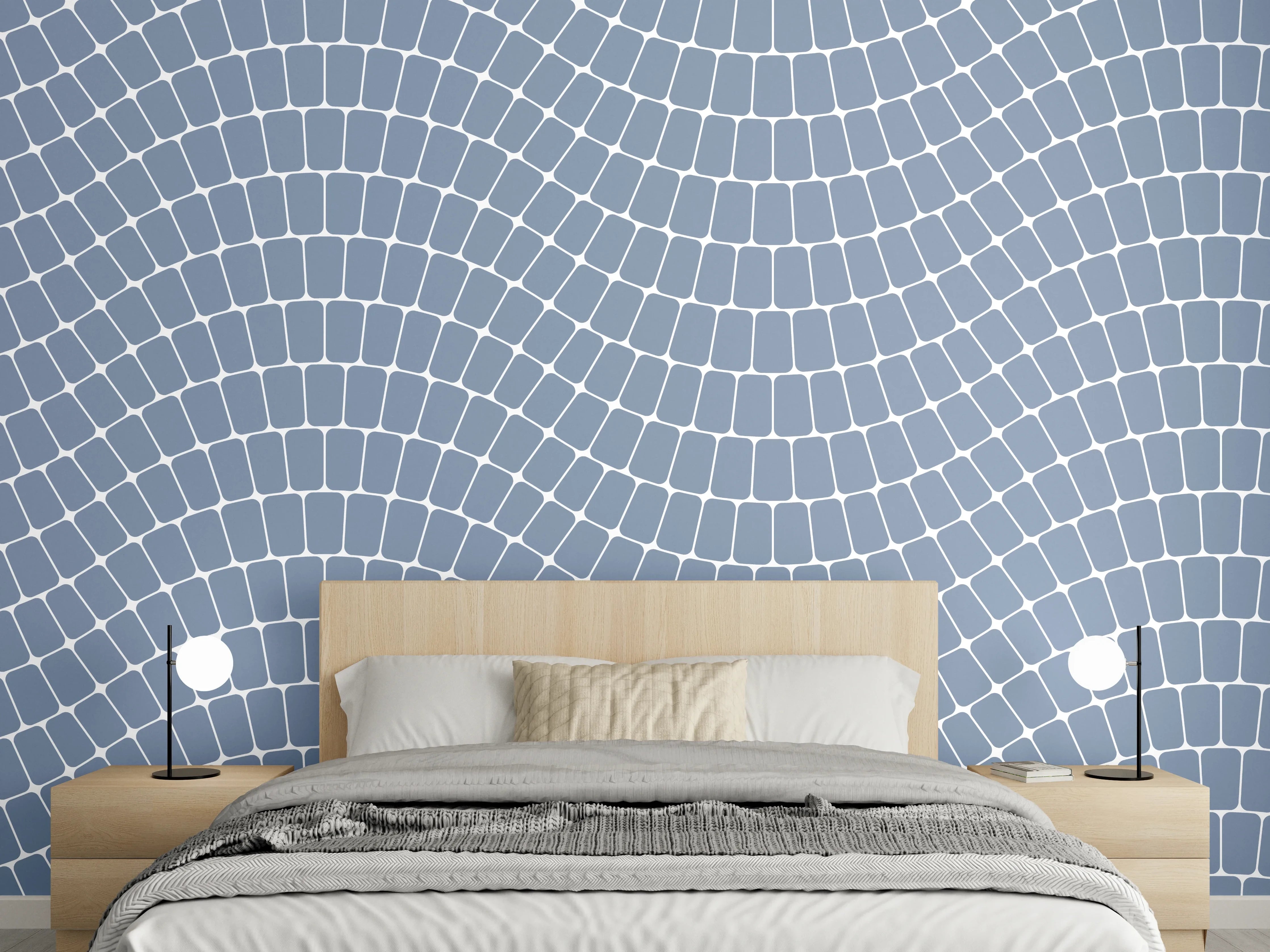 Wandverkleidung Schlafzimmer - Graue Wellenlinien auf weißem Grund