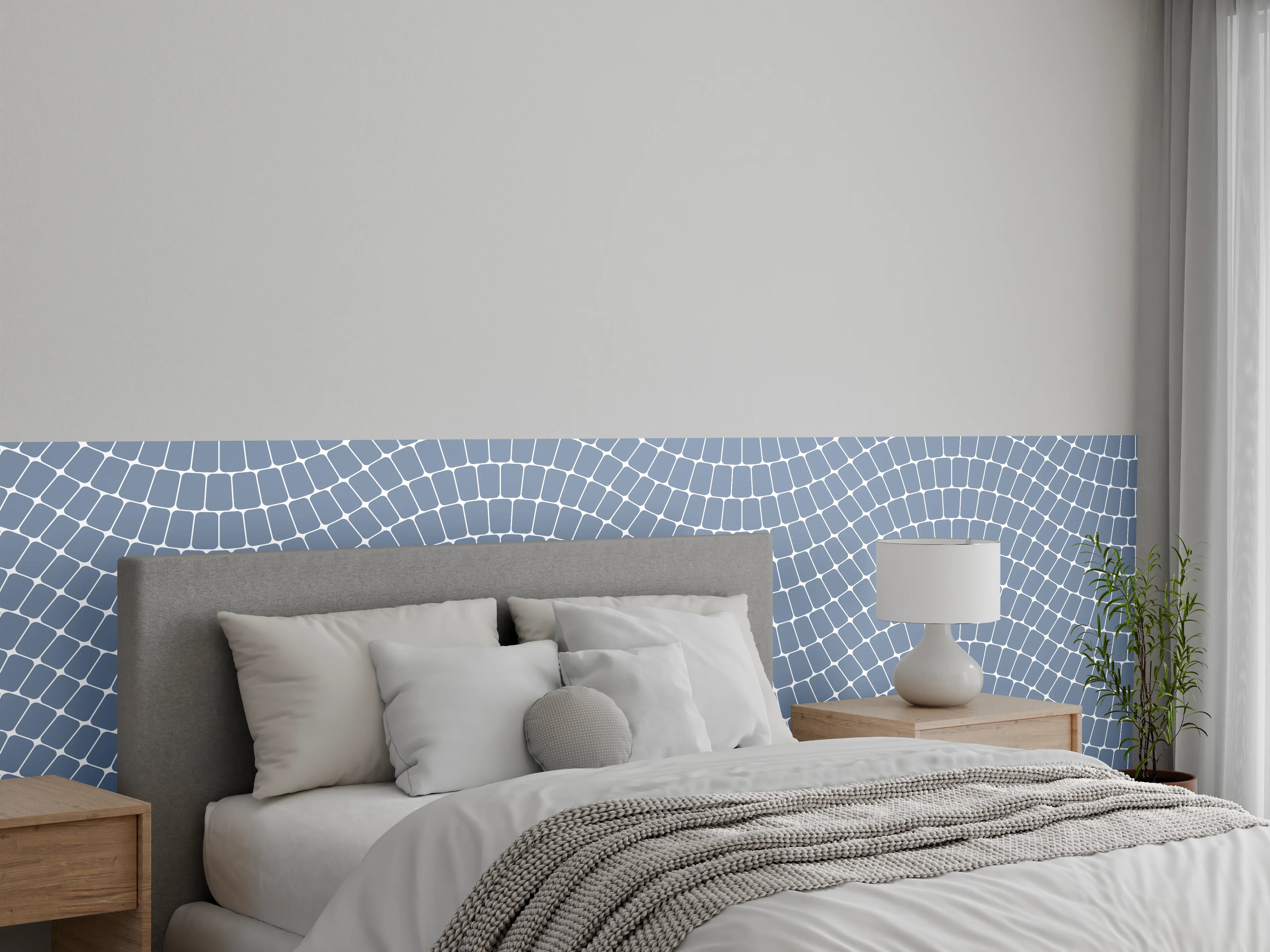 Wandverkleidung Schlafzimmer - Graue Wellenlinien auf weißem Grund