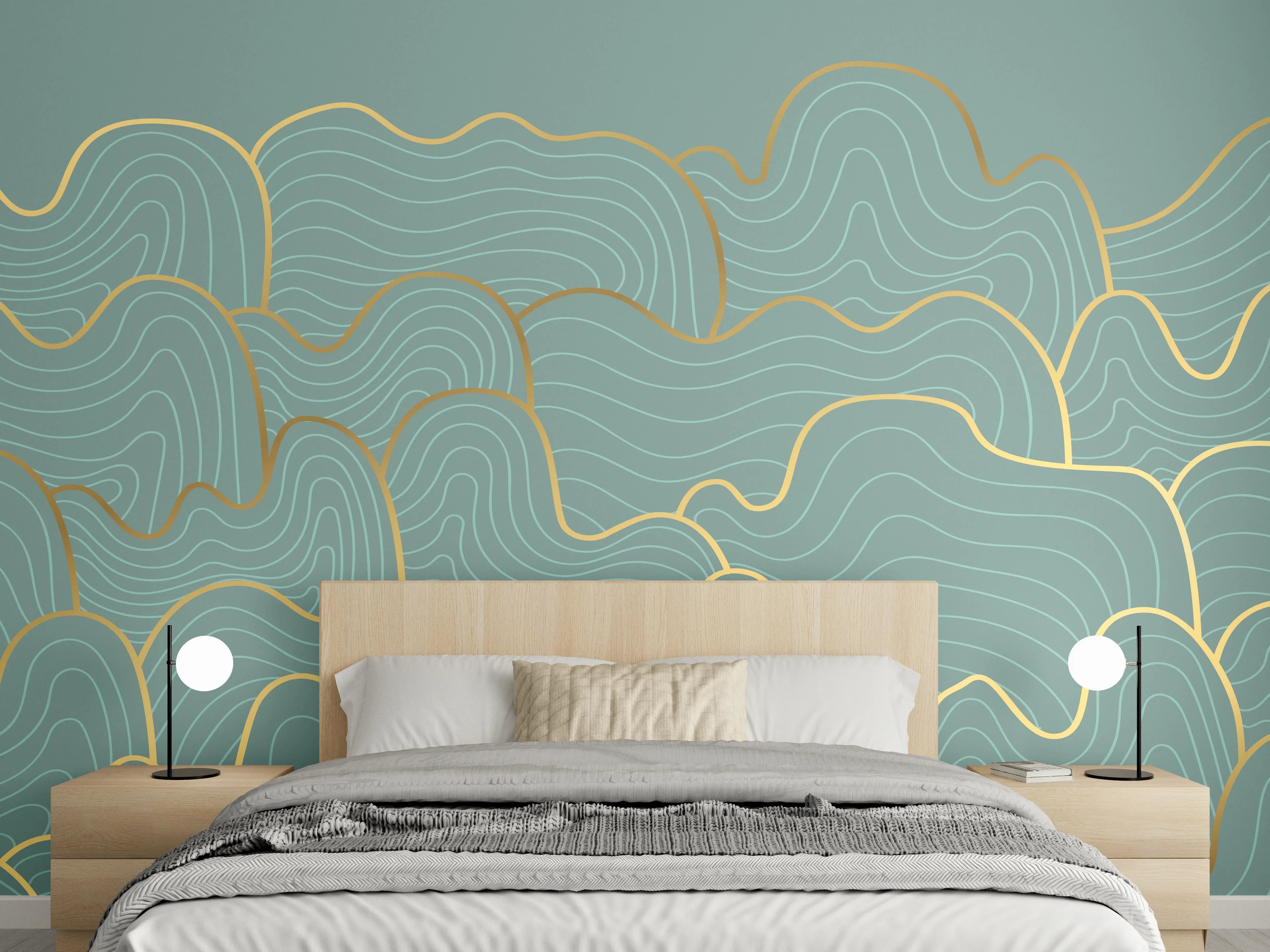 Wandverkleidung Schlafzimmer - Graue Wellenlinien mit Goldakzent