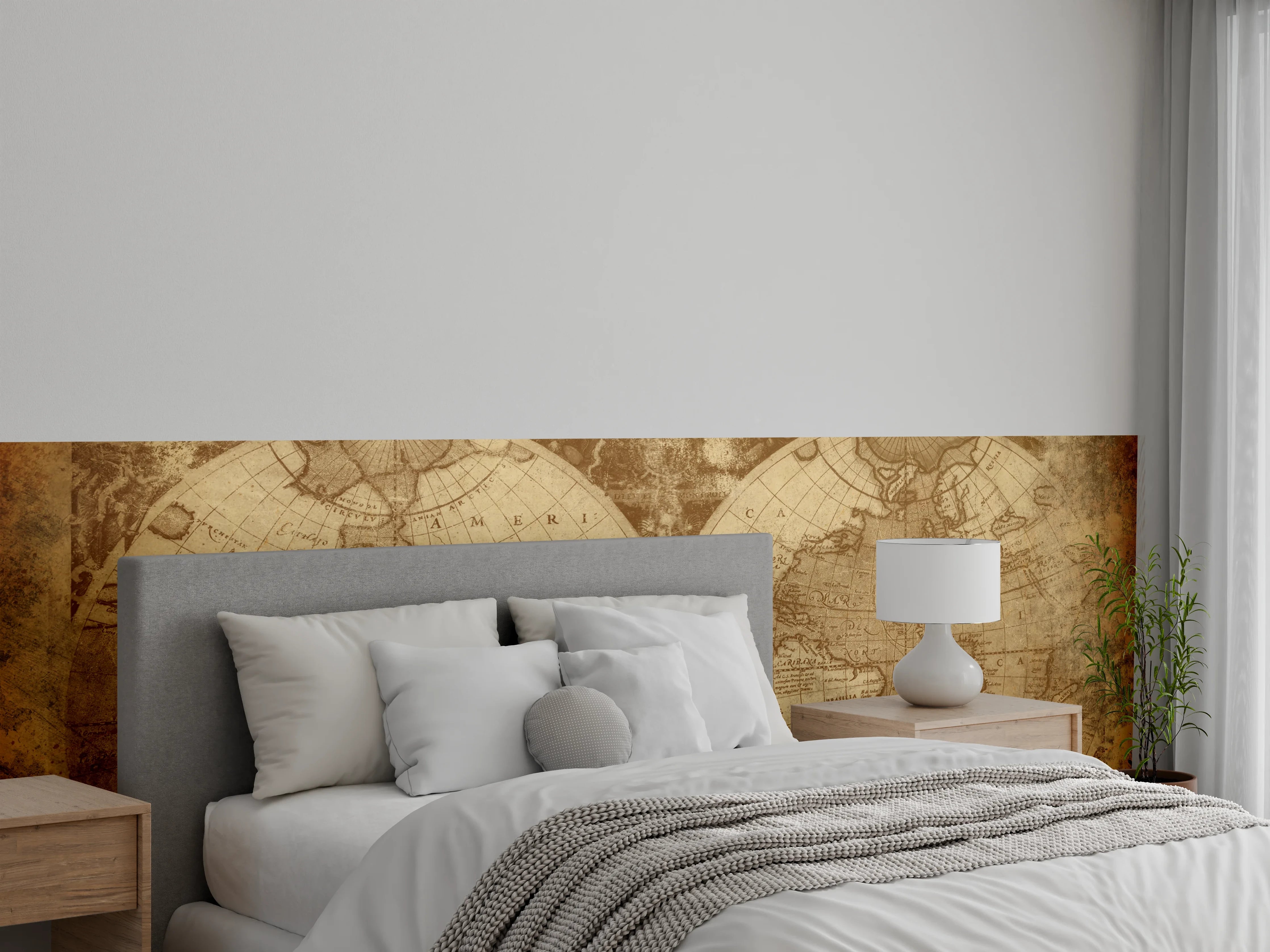 Wandverkleidung Schlafzimmer - Graue Weltkarte auf Weiß – Wandkunst