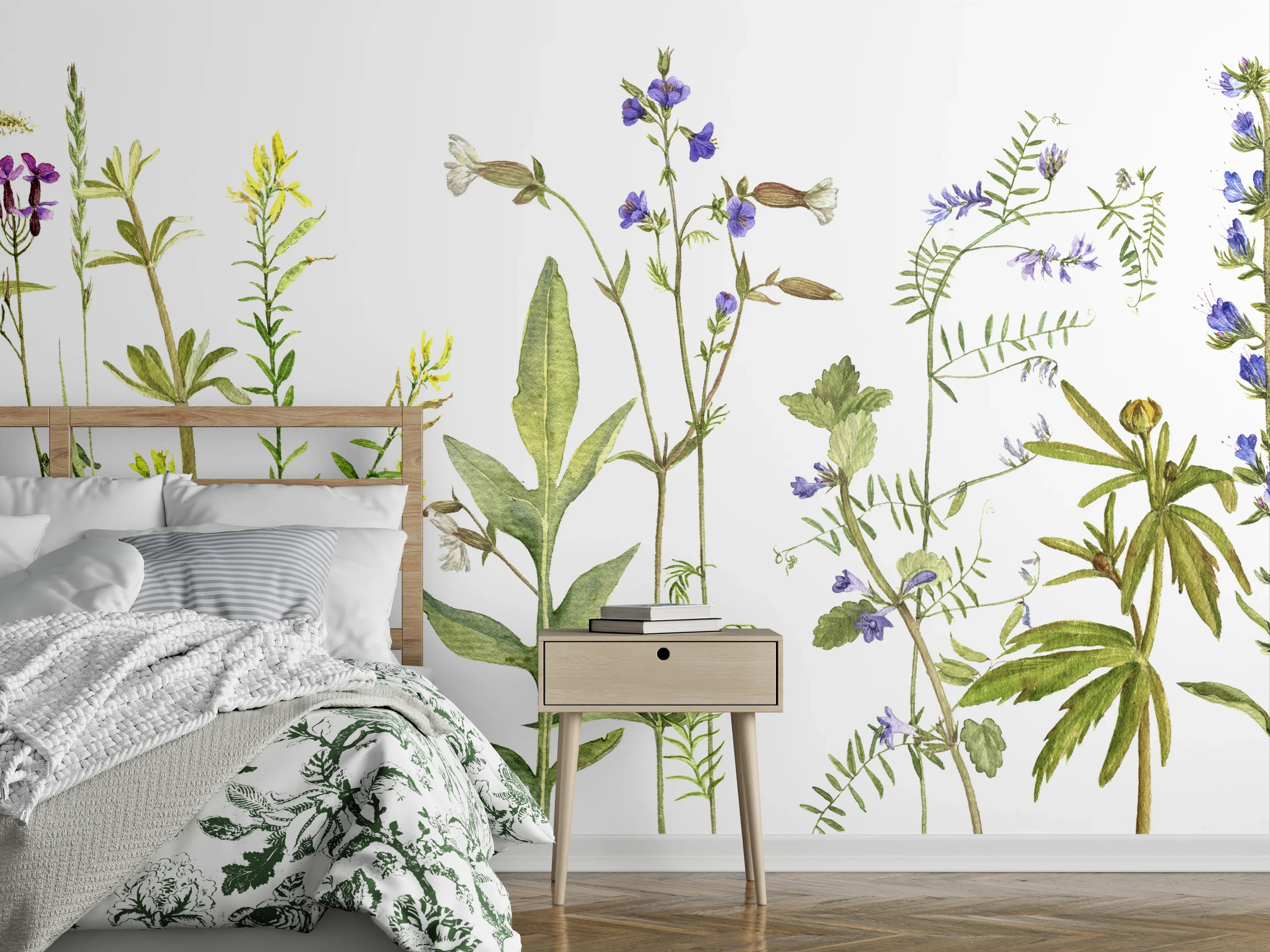 Wandverkleidung Schlafzimmer - Graue Wildblumenwiese Aquarellkunst