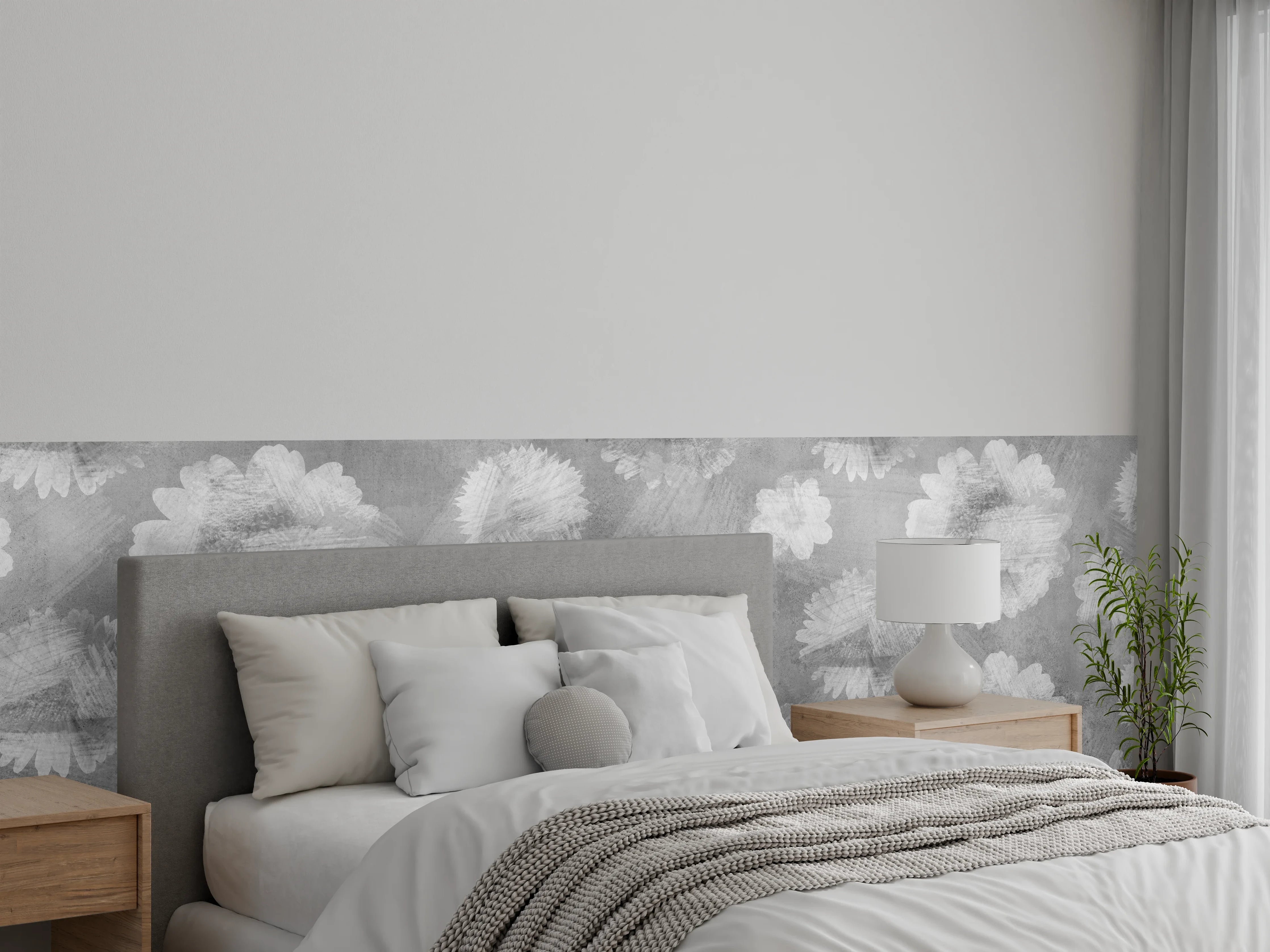 Wandverkleidung Schlafzimmer - Graue Zement Wand mit weißem Blumenmuster