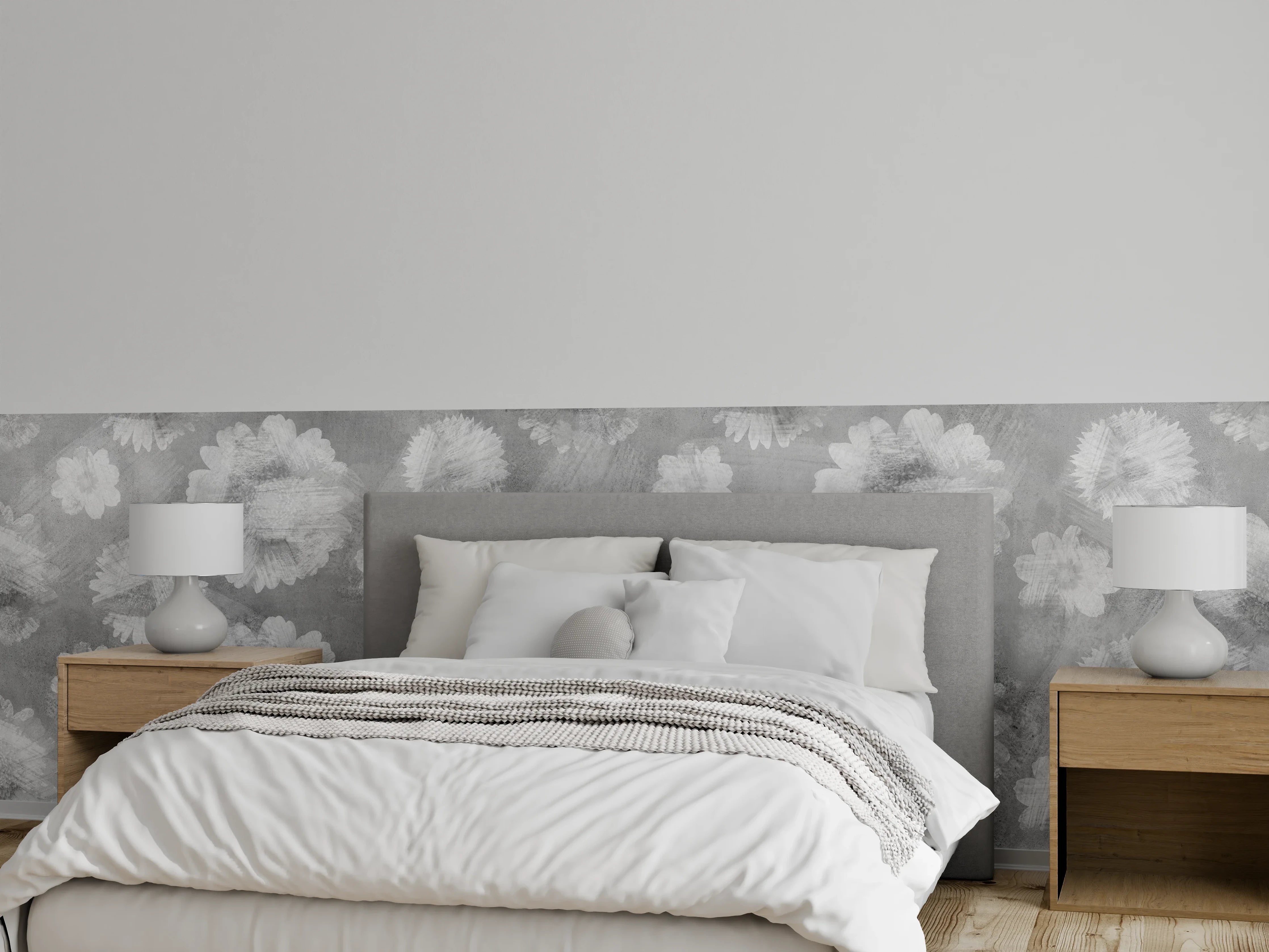 Wandverkleidung Schlafzimmer - Graue Zement Wand mit weißem Blumenmuster