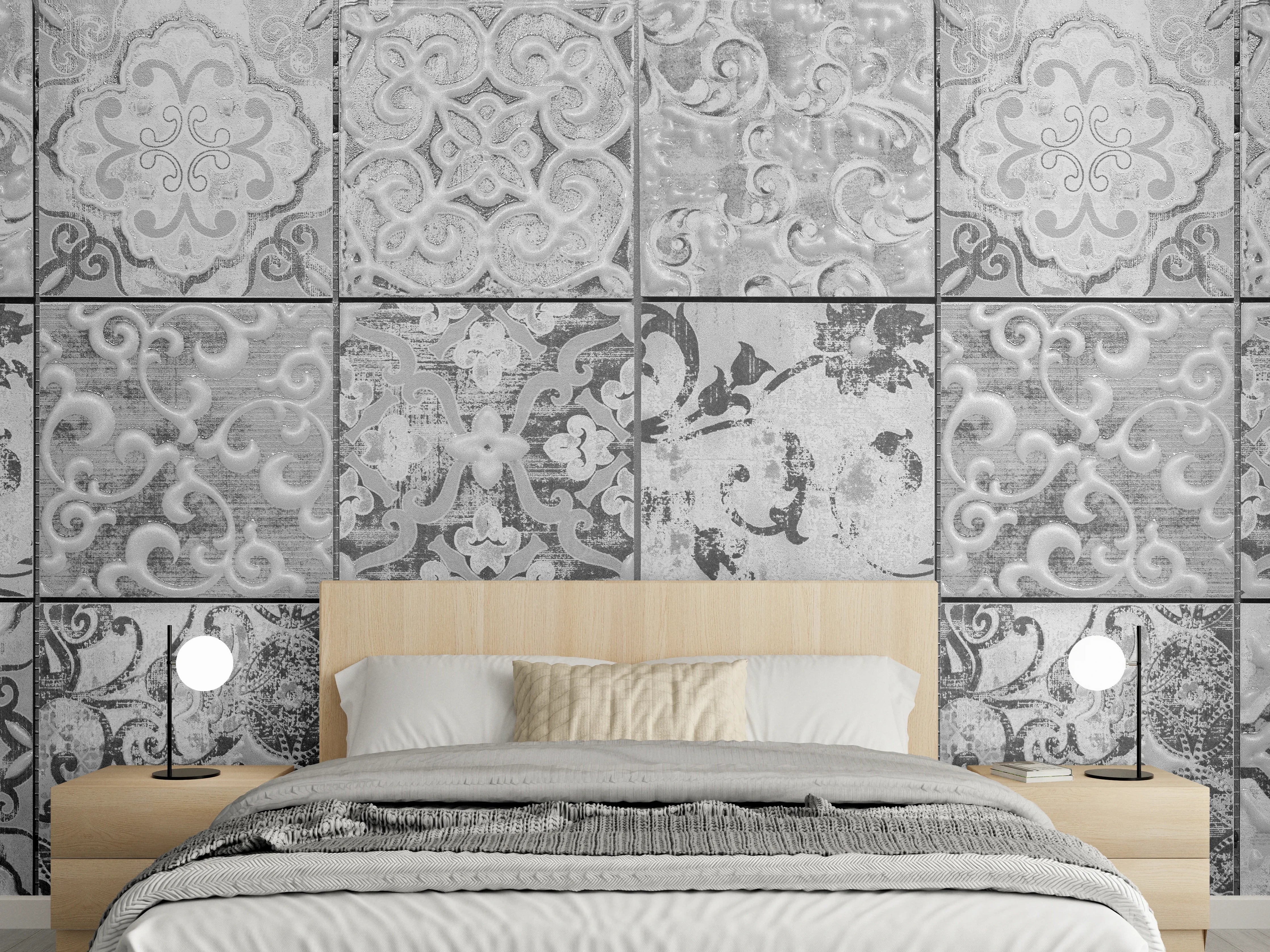 Wandverkleidung Schlafzimmer - Graue rechteckige Vintage Zementwand