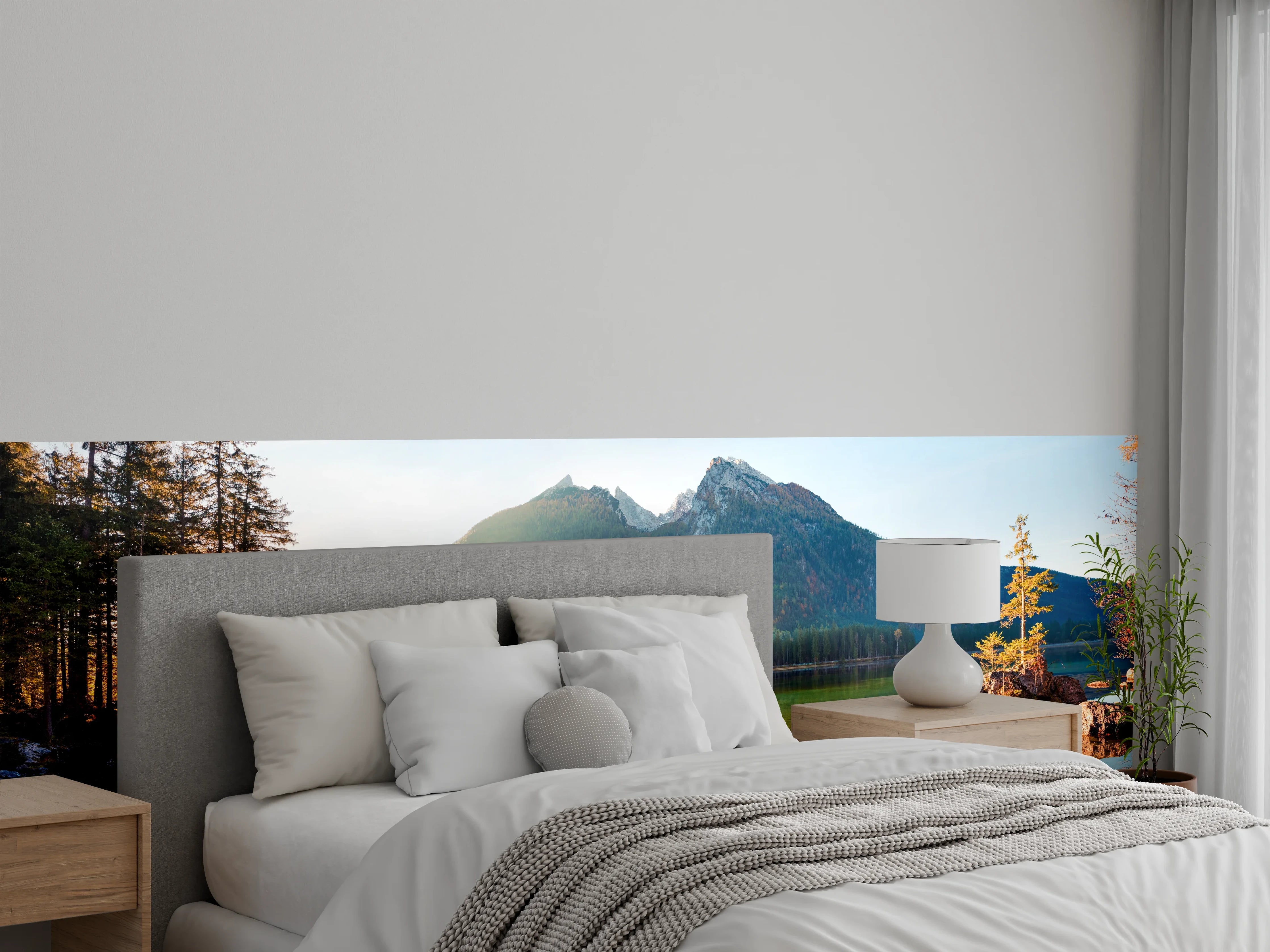 Wandverkleidung Schlafzimmer - Grauer Bergseezauber – Natur Wandkunst