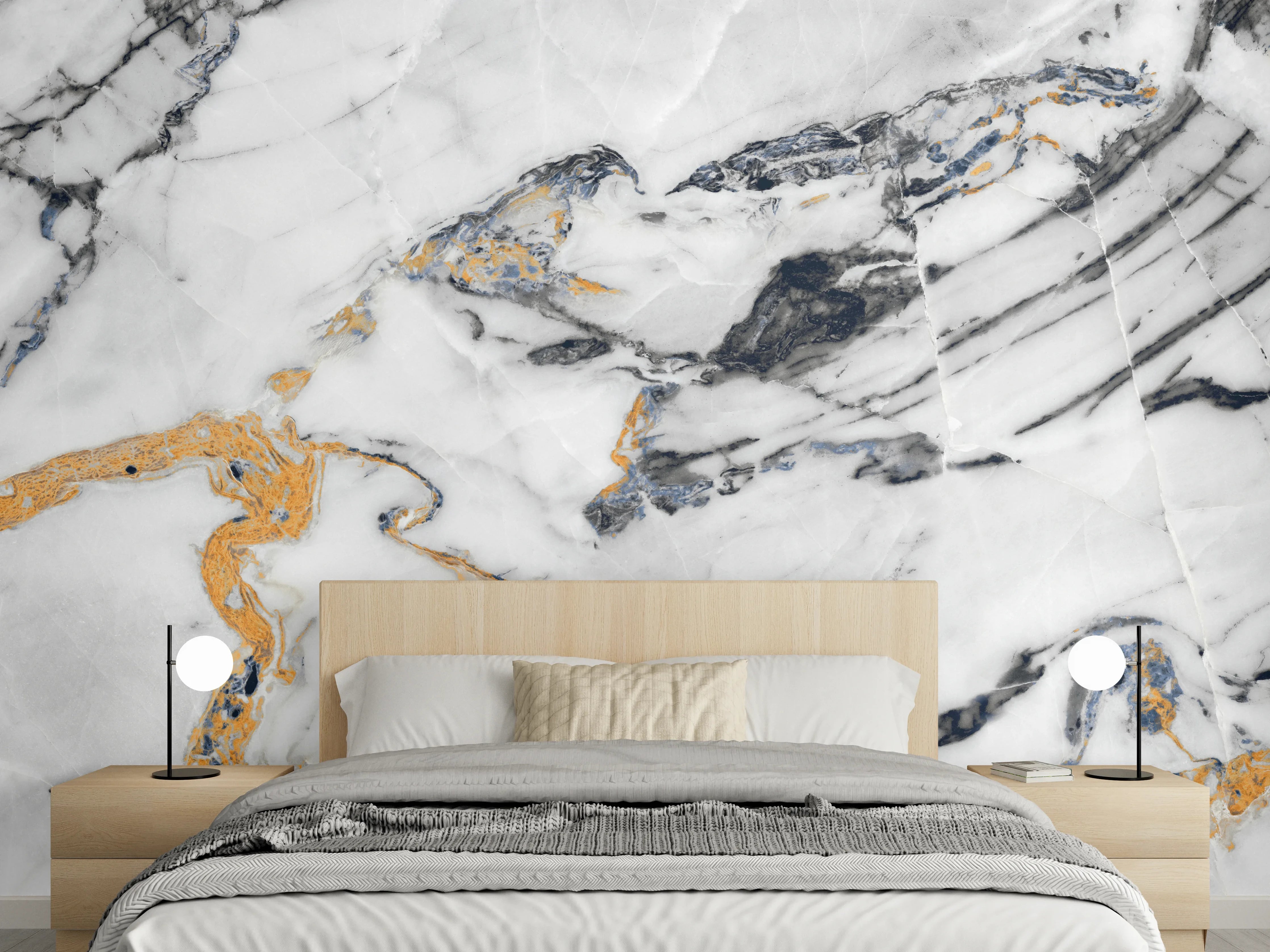Wandverkleidung Schlafzimmer - Grauer Marmor mit goldenen Fäden