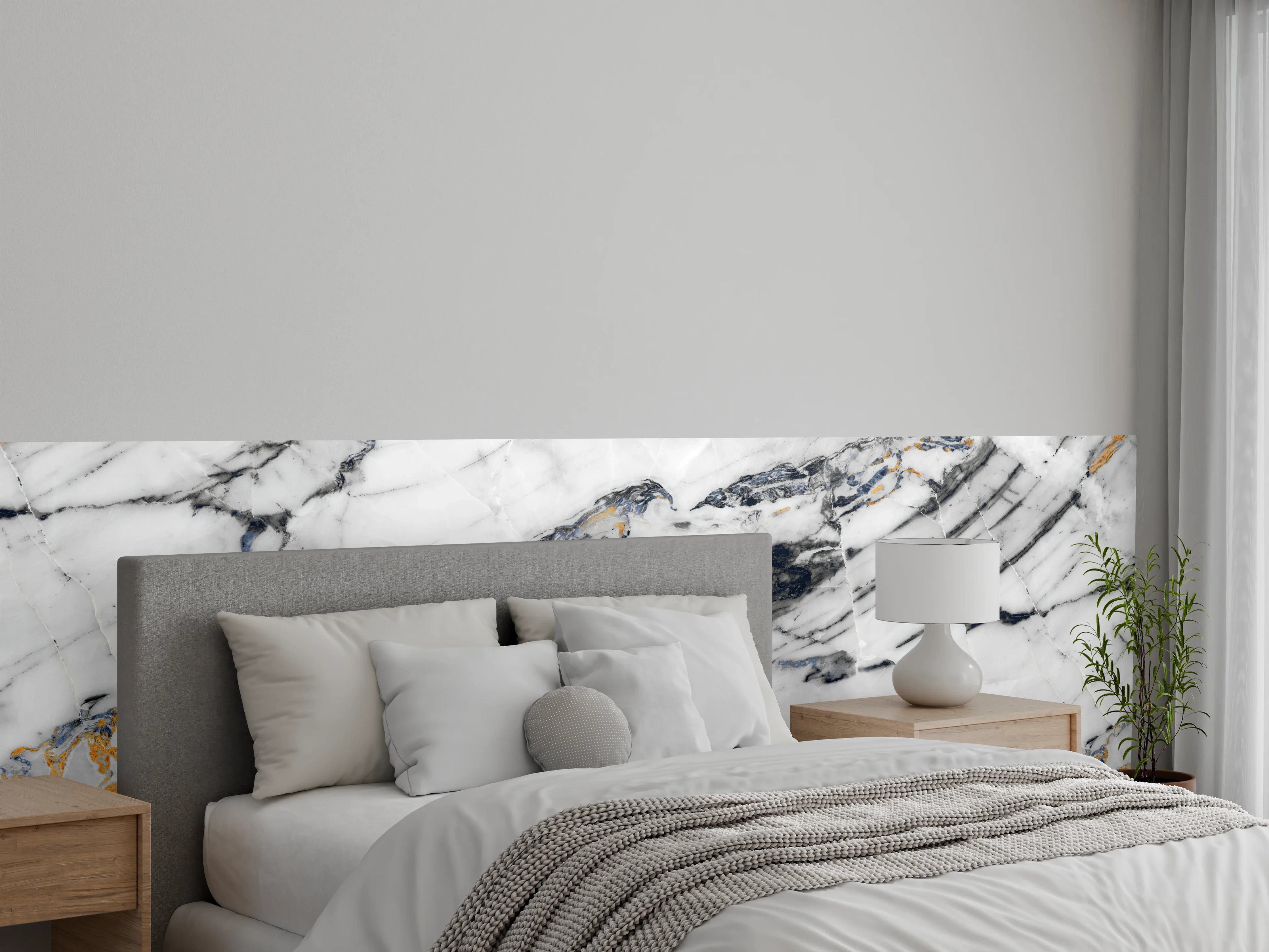 Wandverkleidung Schlafzimmer - Grauer Marmor mit goldenen Fäden