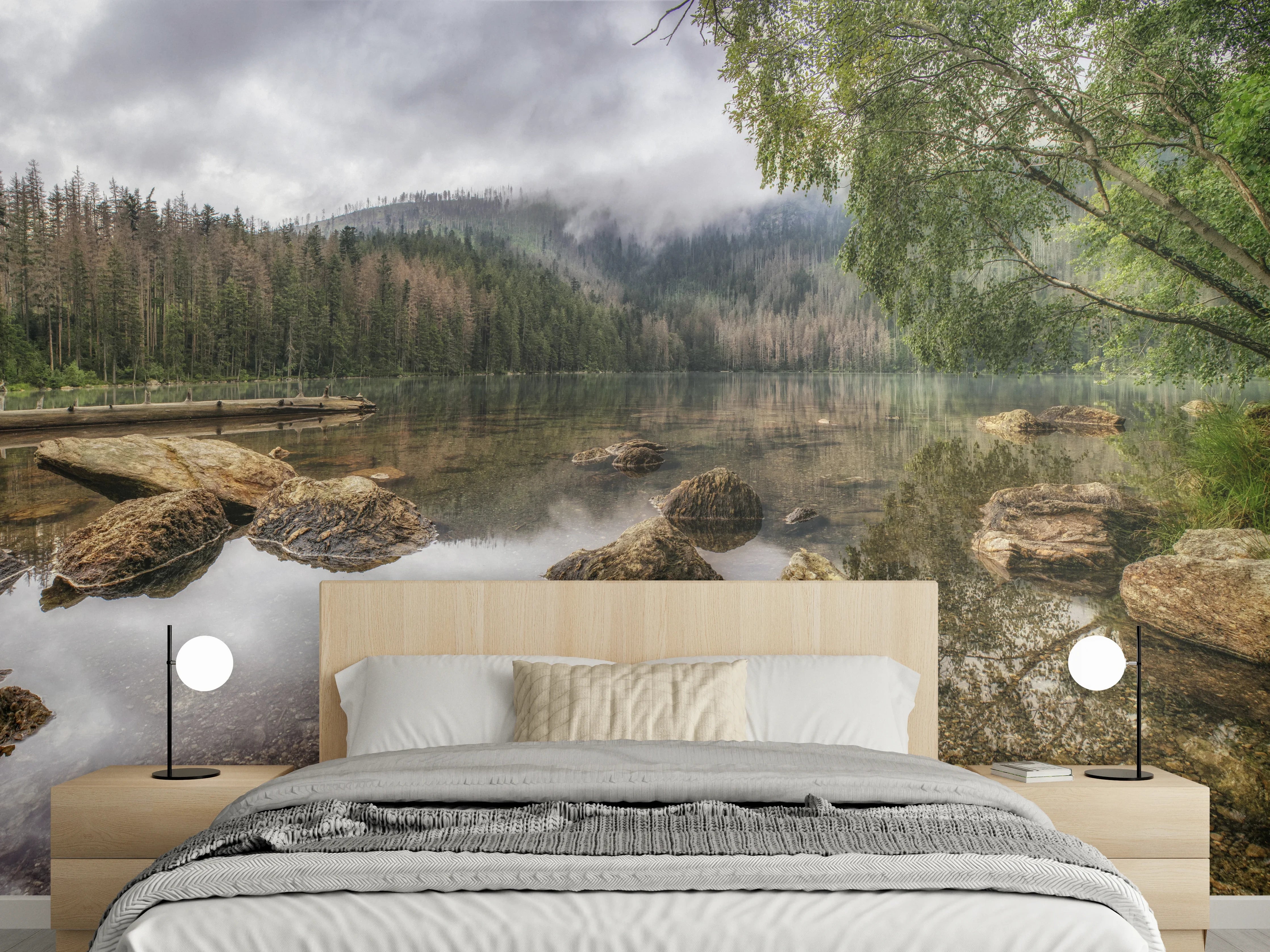 Wandverkleidung Schlafzimmer - Grauer See im weißen Forst