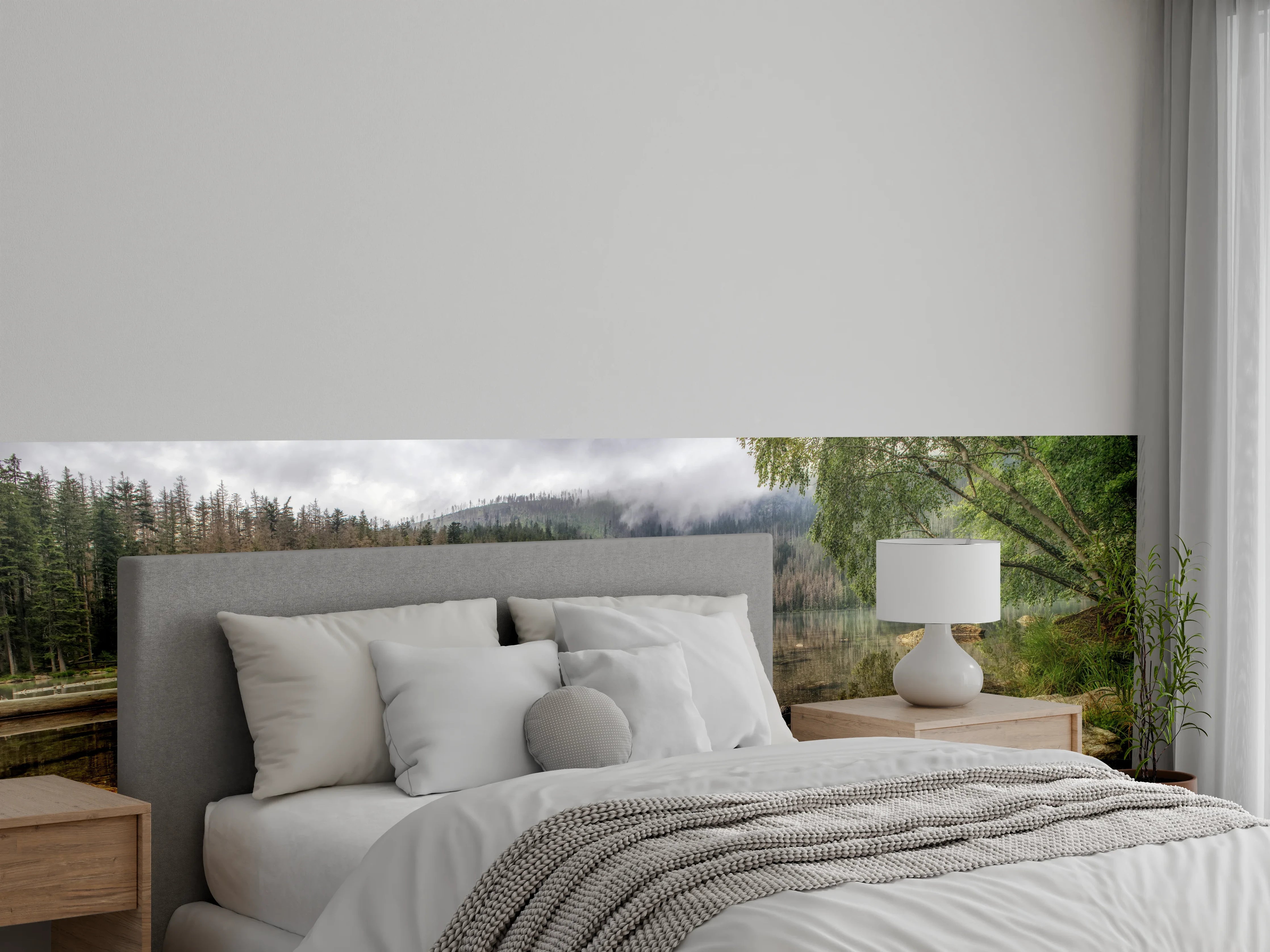 Wandverkleidung Schlafzimmer - Grauer See im weißen Forst