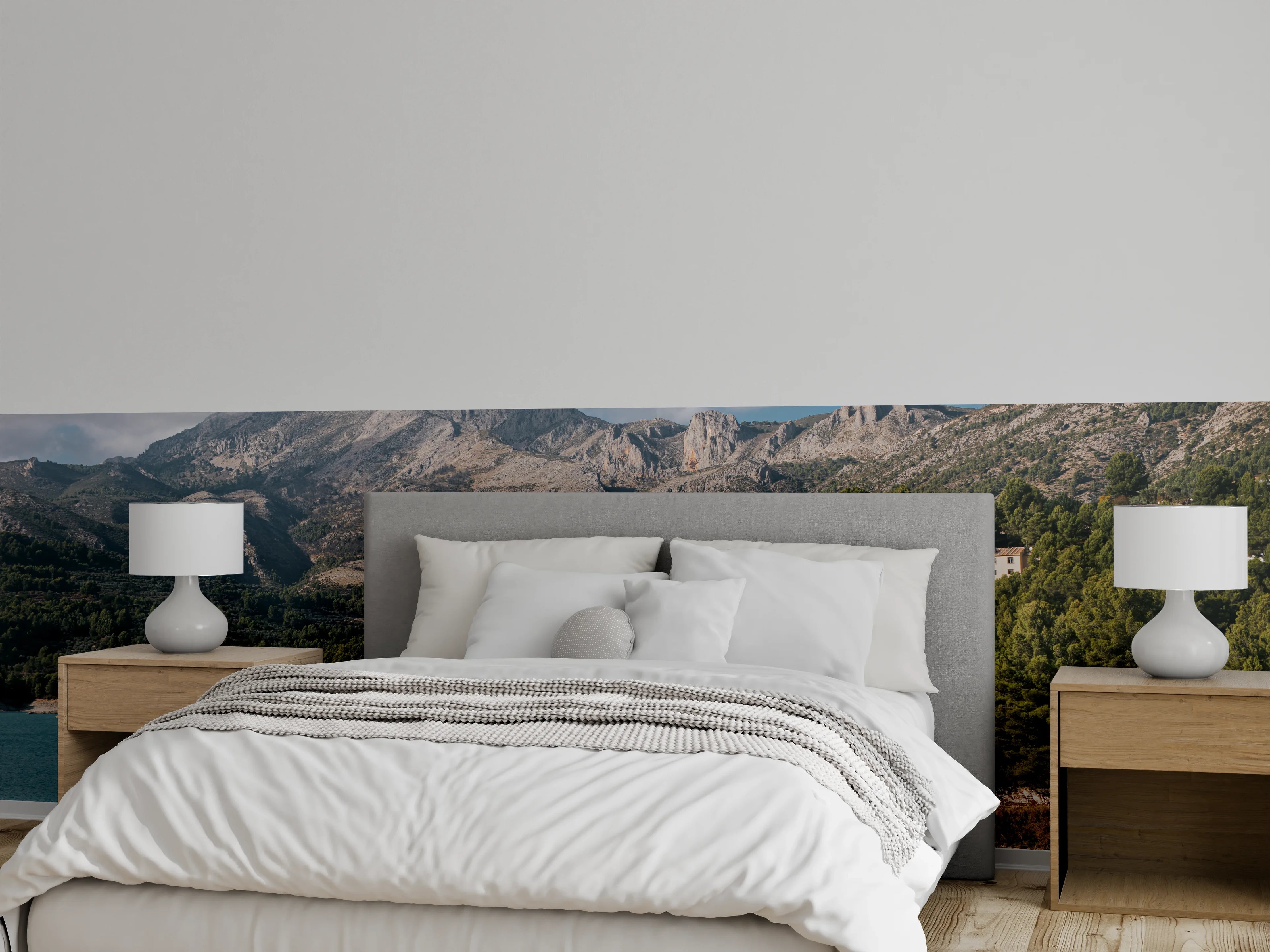 Wandverkleidung Schlafzimmer - Grauer Seezauber – Alpenpanorama Kunst