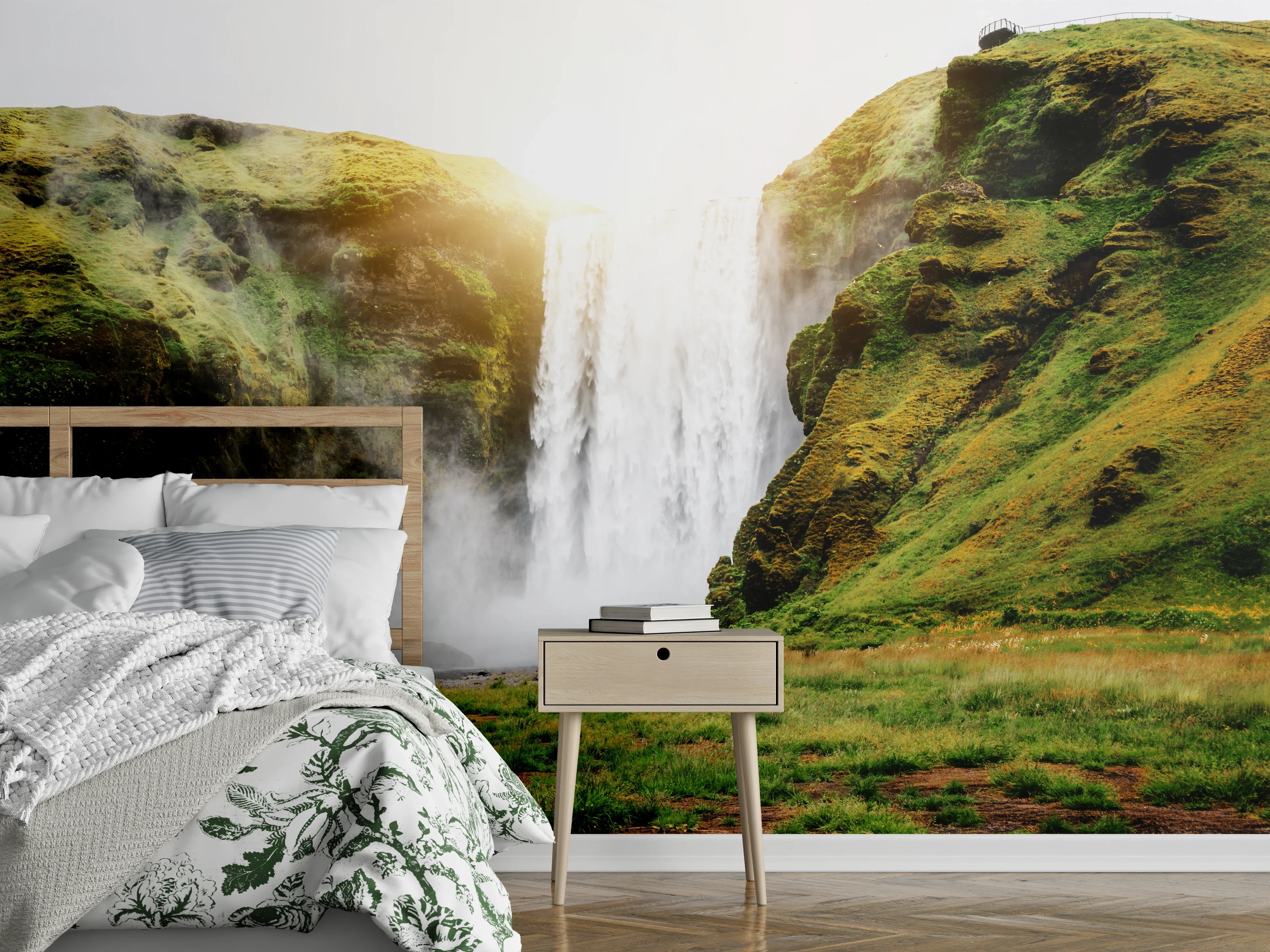 Wandverkleidung Schlafzimmer - Grauer Wasserfall vor weißer Kulisse
