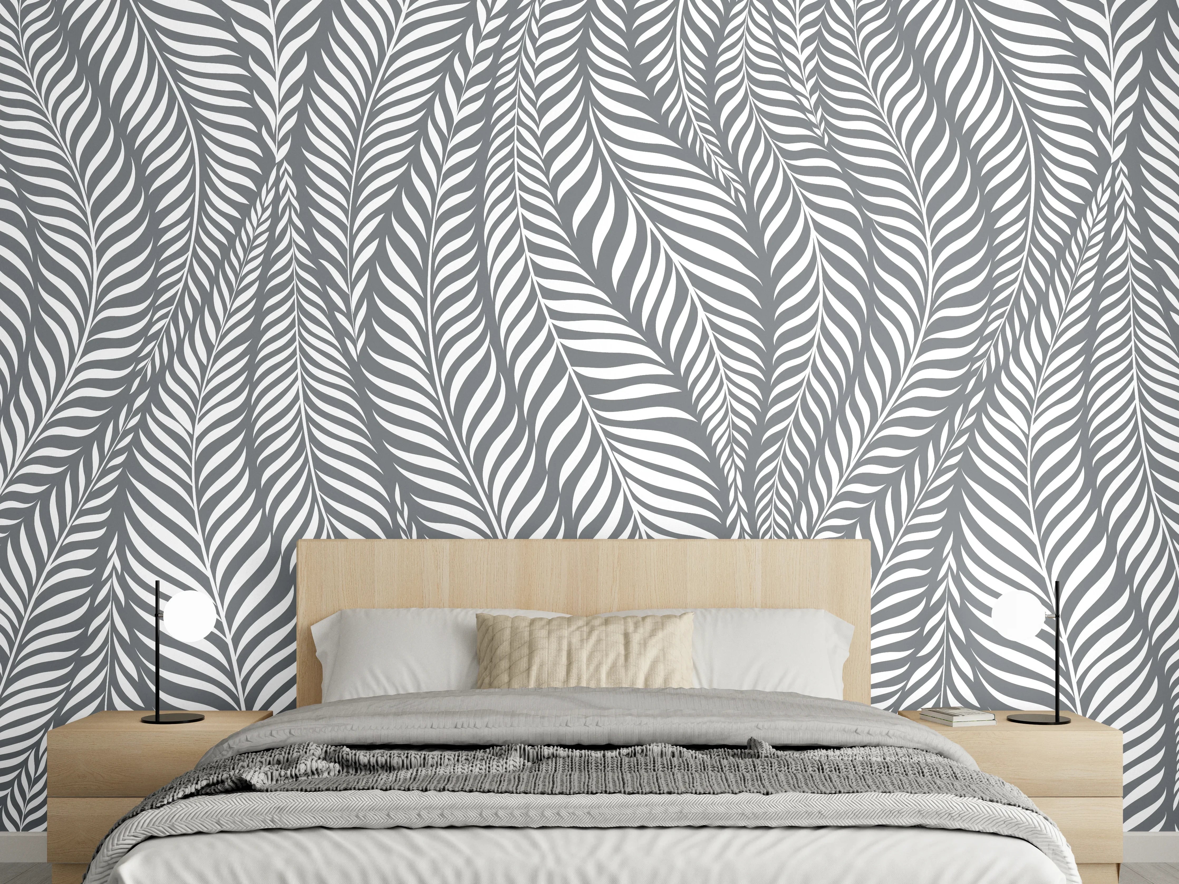 Wandverkleidung Schlafzimmer - Graues Blättermuster mit eleganter Linienführung