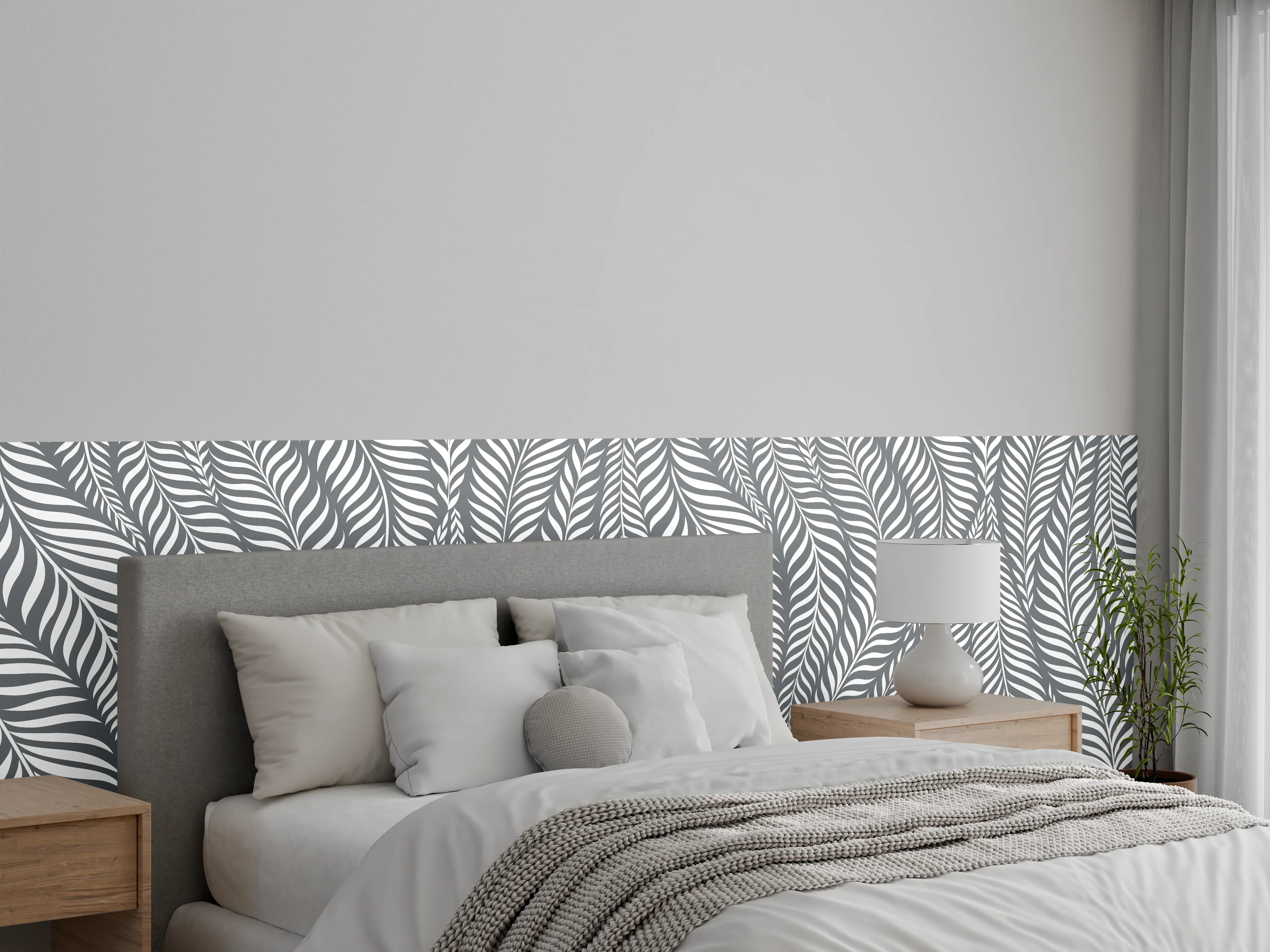 Wandverkleidung Schlafzimmer - Graues Blättermuster mit eleganter Linienführung