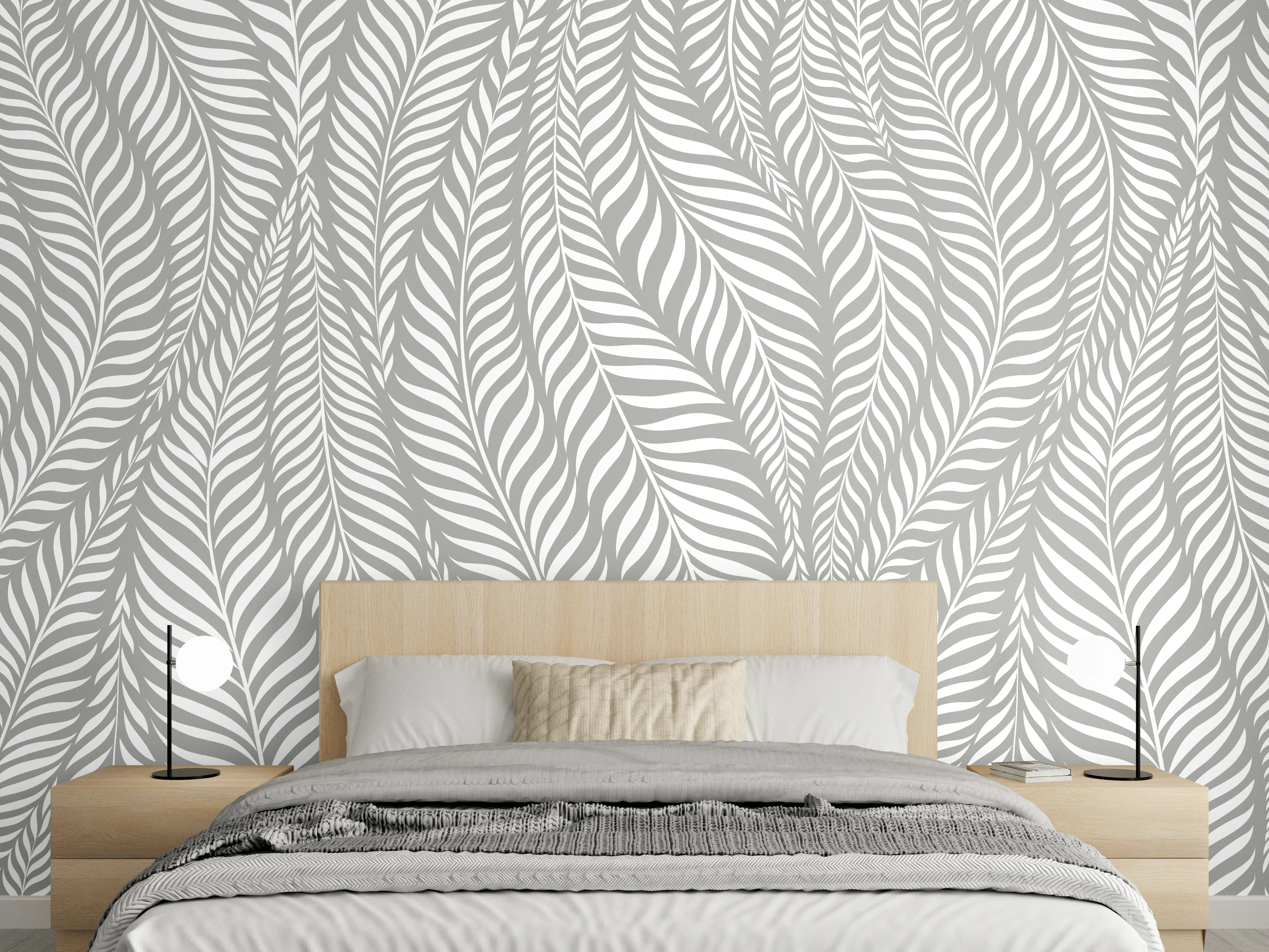 Wandverkleidung Schlafzimmer - Graues Blattmuster: Modern & Zeitlos