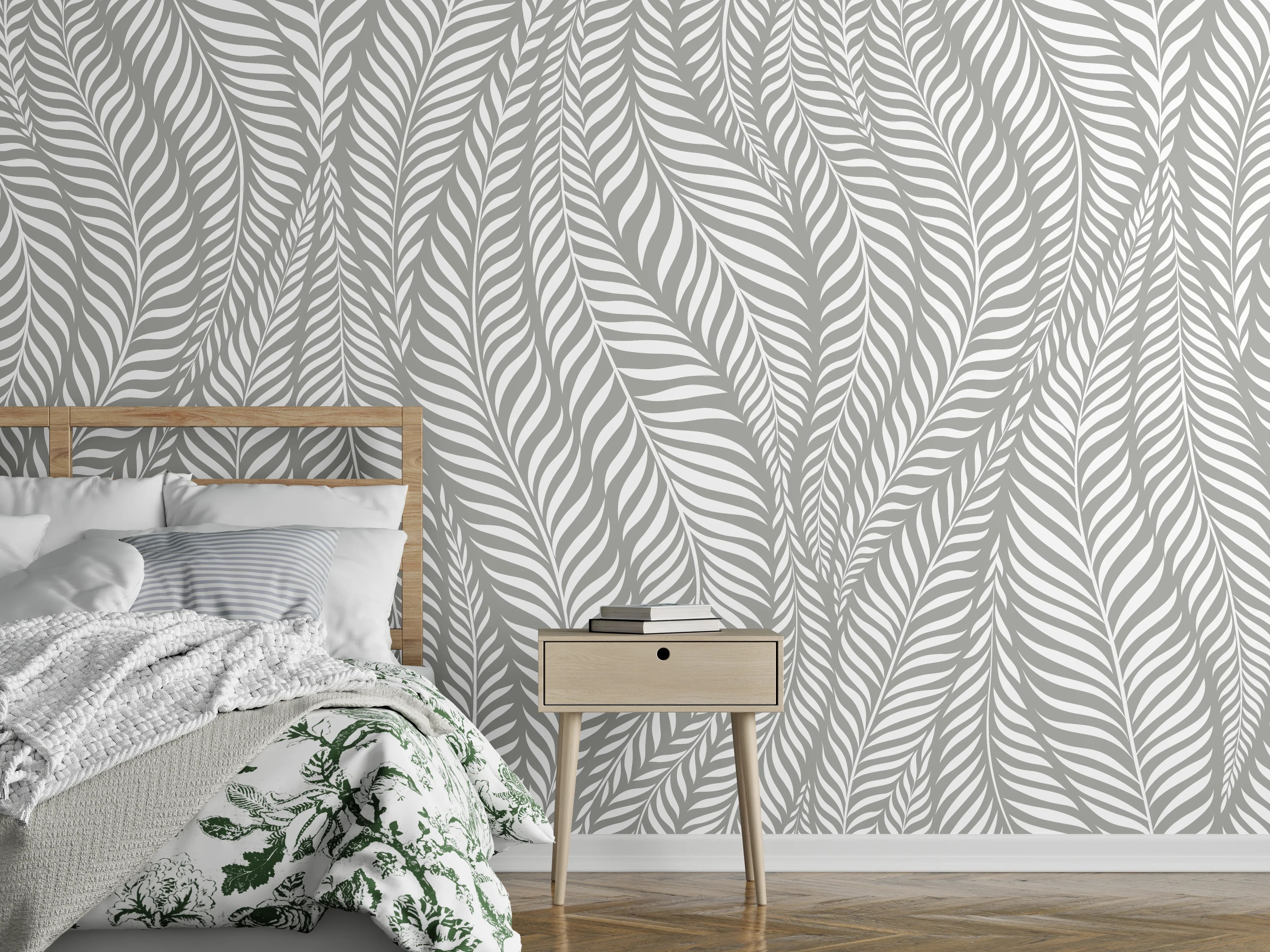 Wandverkleidung Schlafzimmer - Graues Blattmuster: Modern & Zeitlos