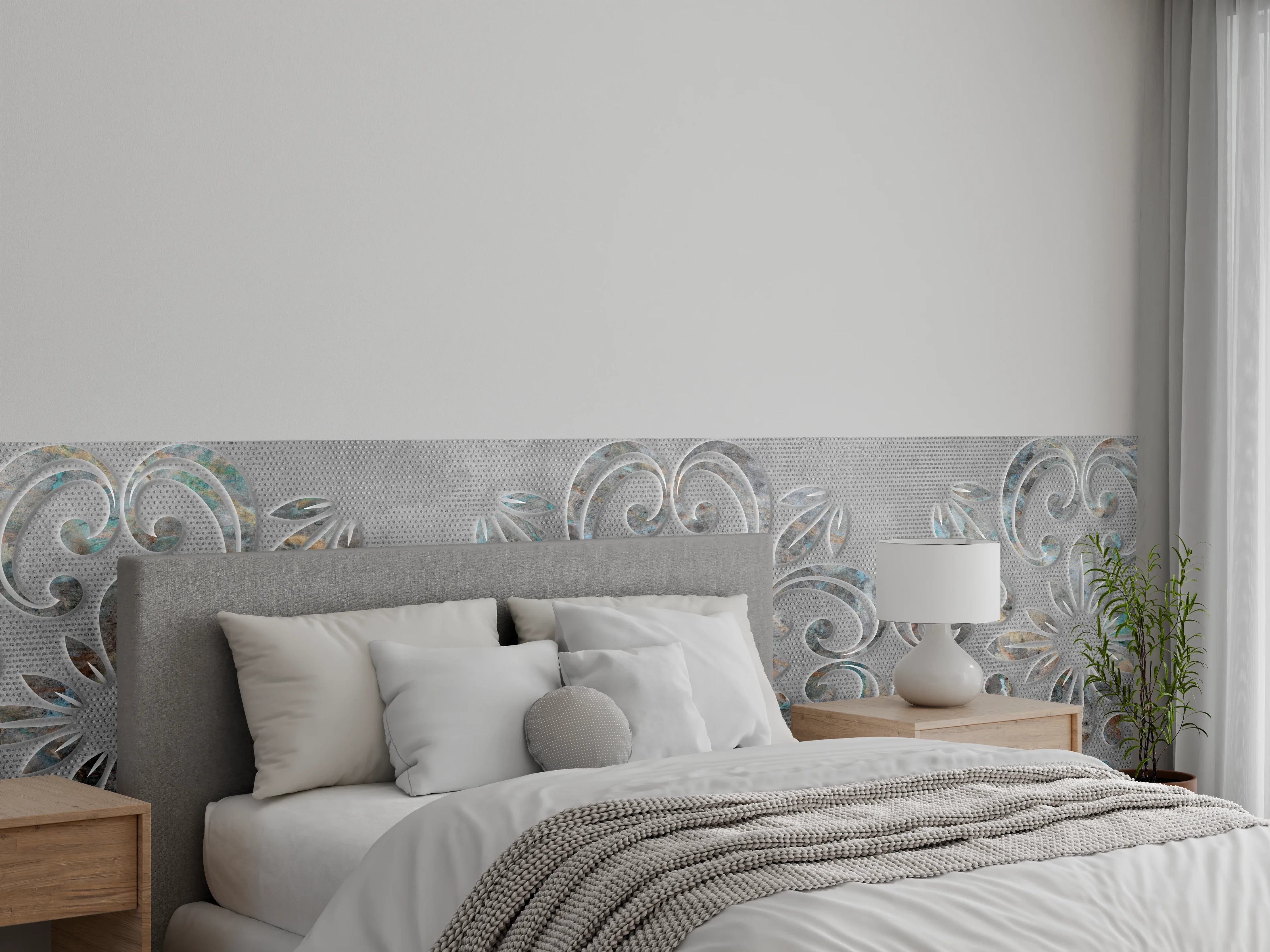 Wandverkleidung Schlafzimmer - Graues Ornamentmuster - Zementwandtextur
