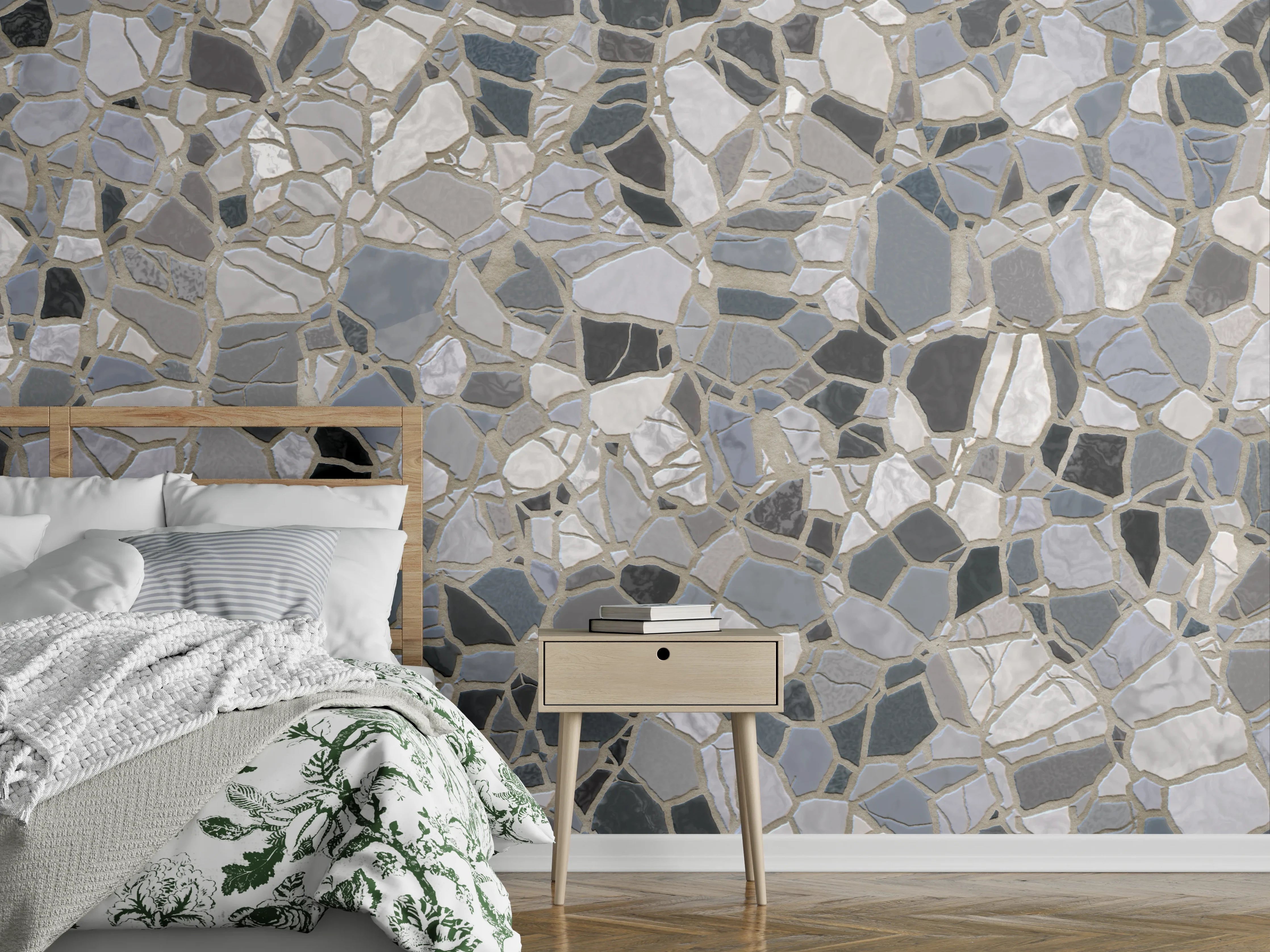 Wandverkleidung Schlafzimmer - Graues Terrazzo-Mosaik in Natursteinoptik