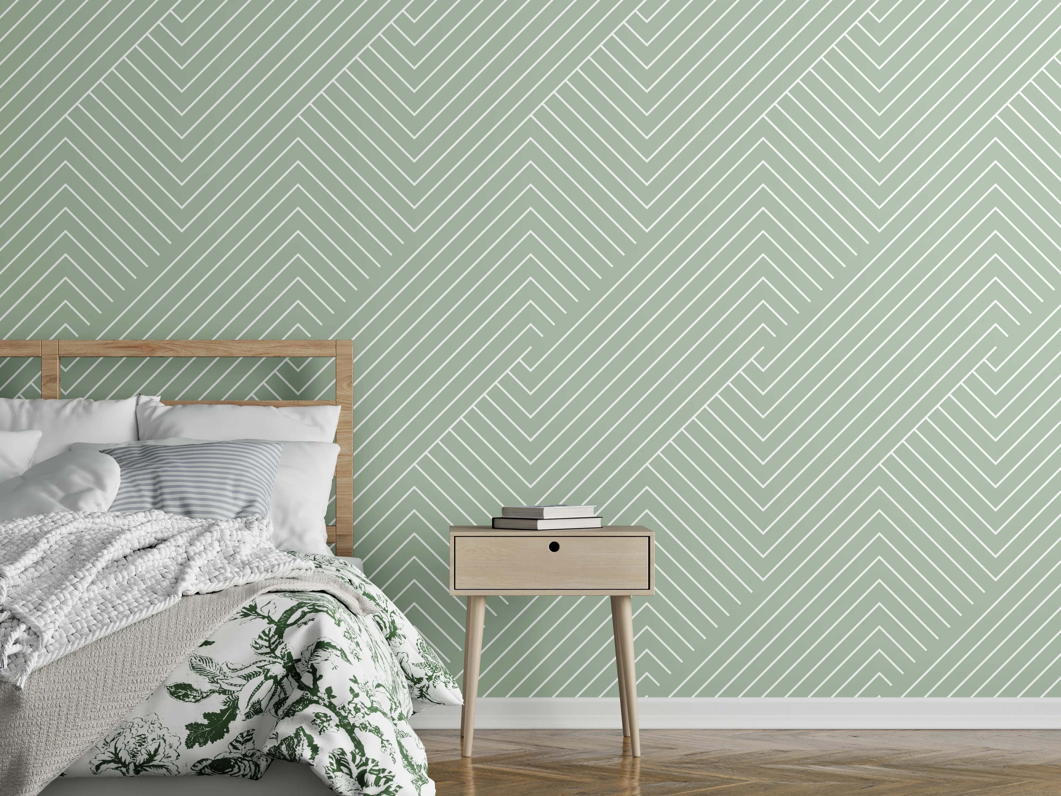 Wandverkleidung Schlafzimmer - Graugrüne Linien auf weißem Grund