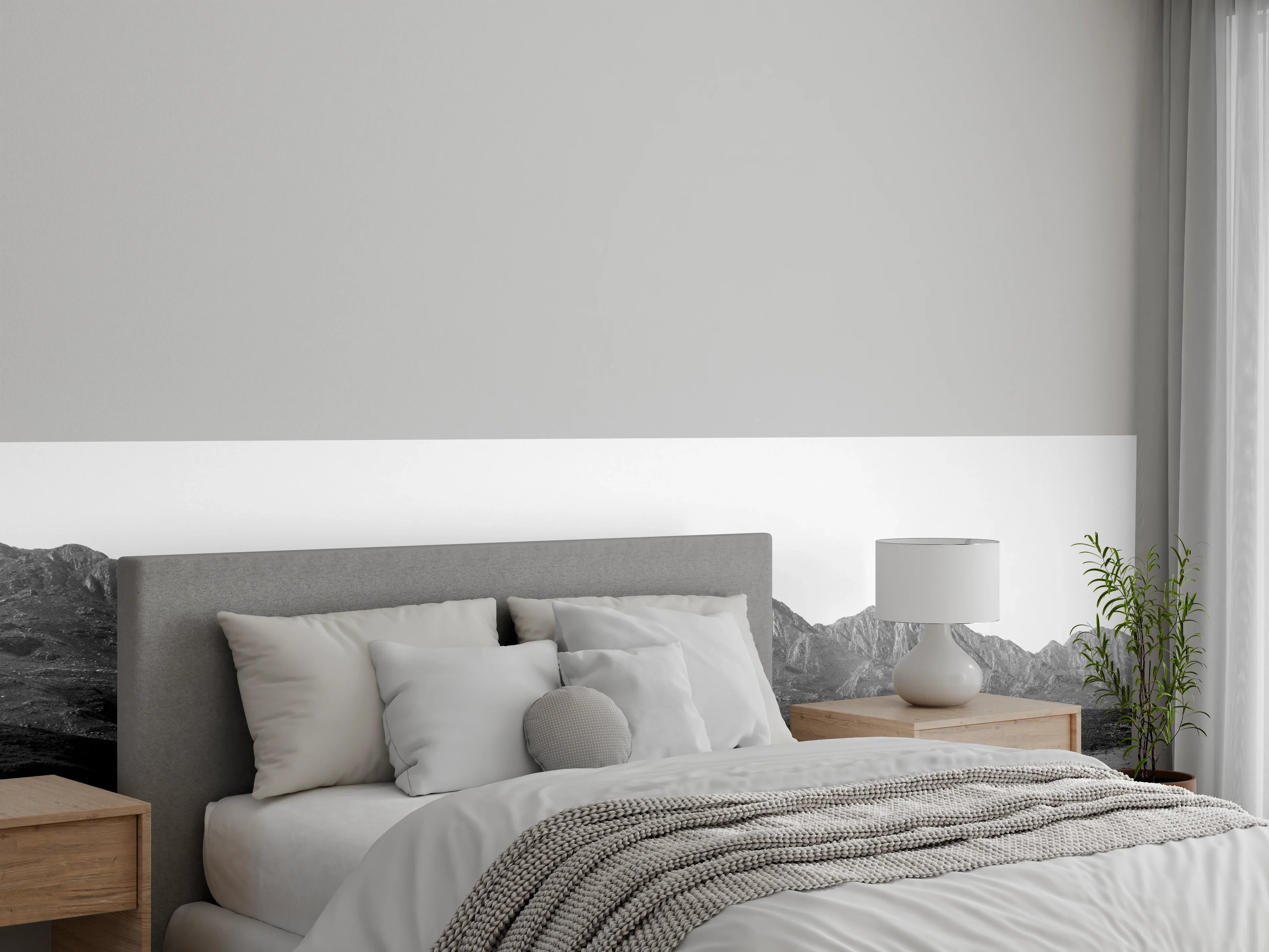 Wandverkleidung Schlafzimmer - Grauschattierte Gipfel im Nebel
