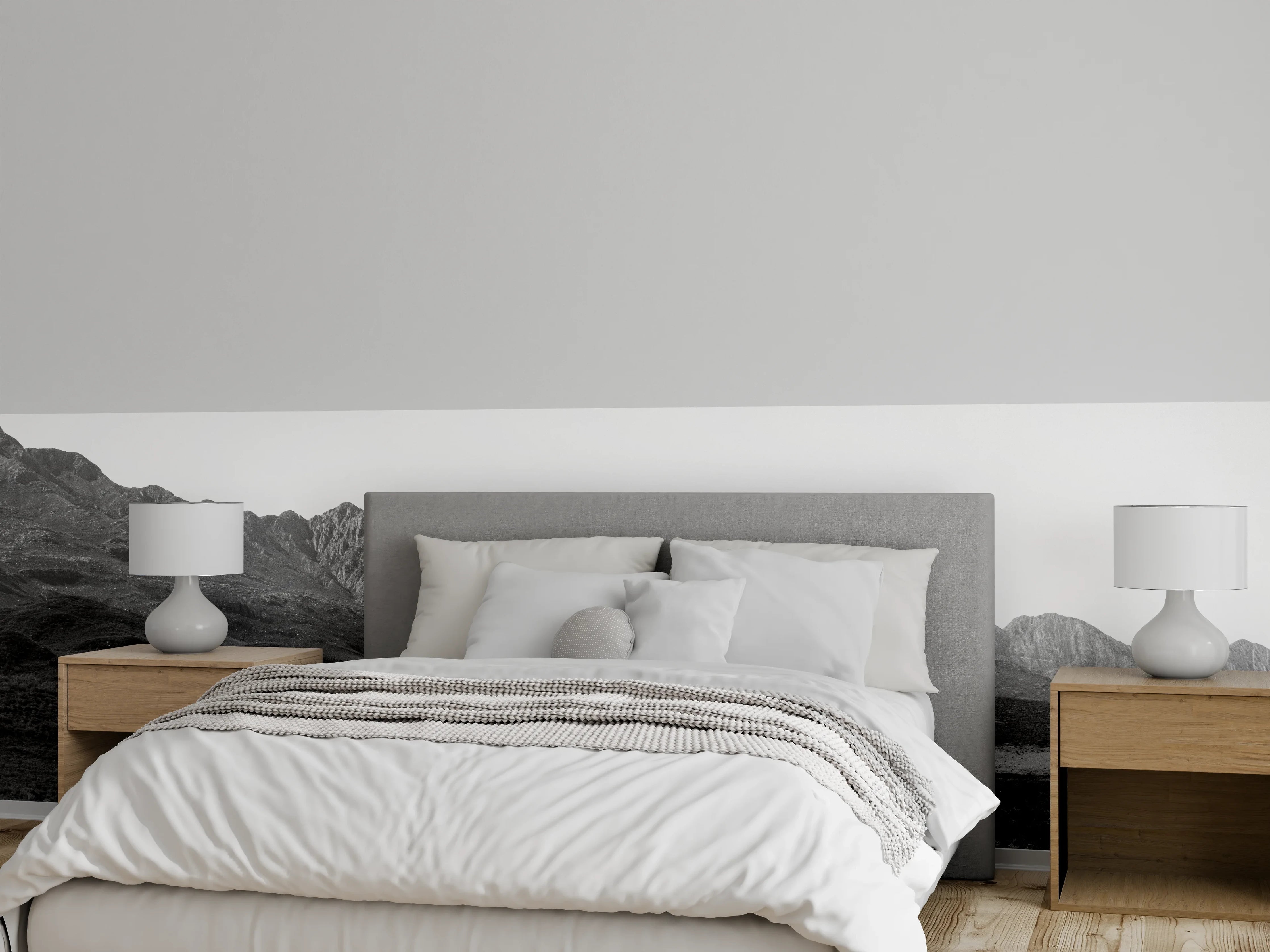 Wandverkleidung Schlafzimmer - Grauschattierte Gipfel im Nebel