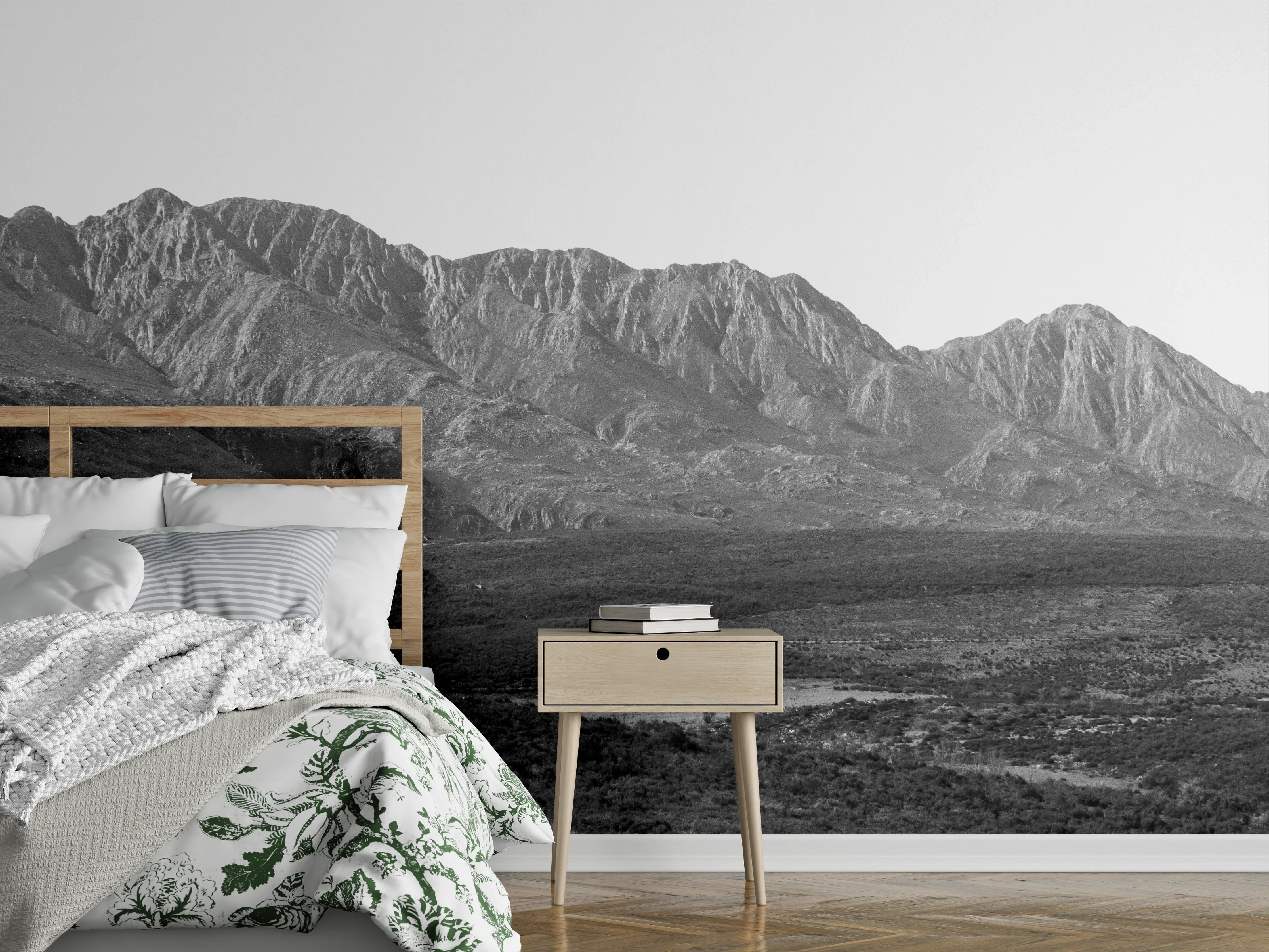 Wandverkleidung Schlafzimmer - Grauschattierte Gipfel im Nebel