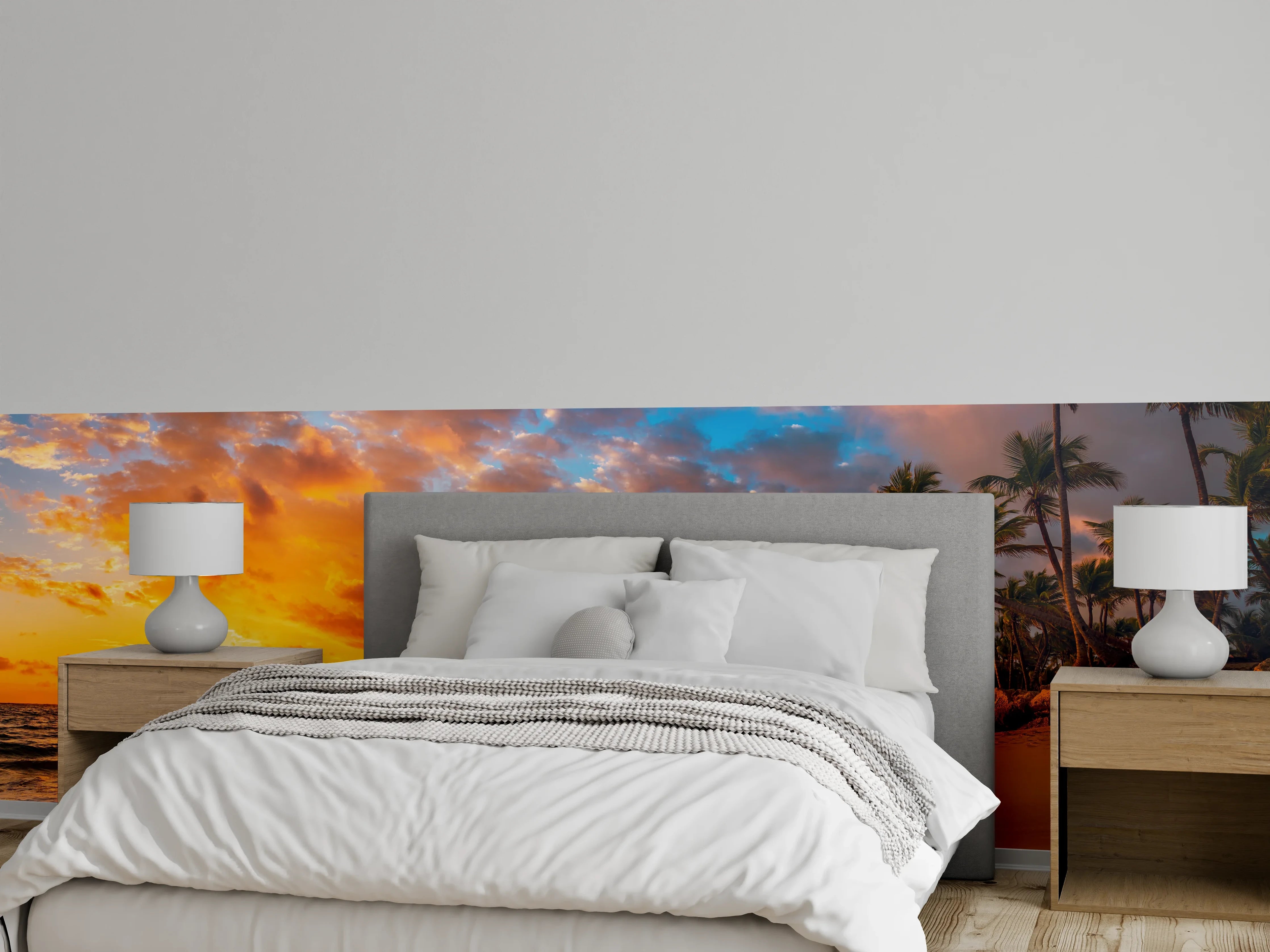 Wandverkleidung Schlafzimmer - Grauschimmer am tropischen Palmenufer